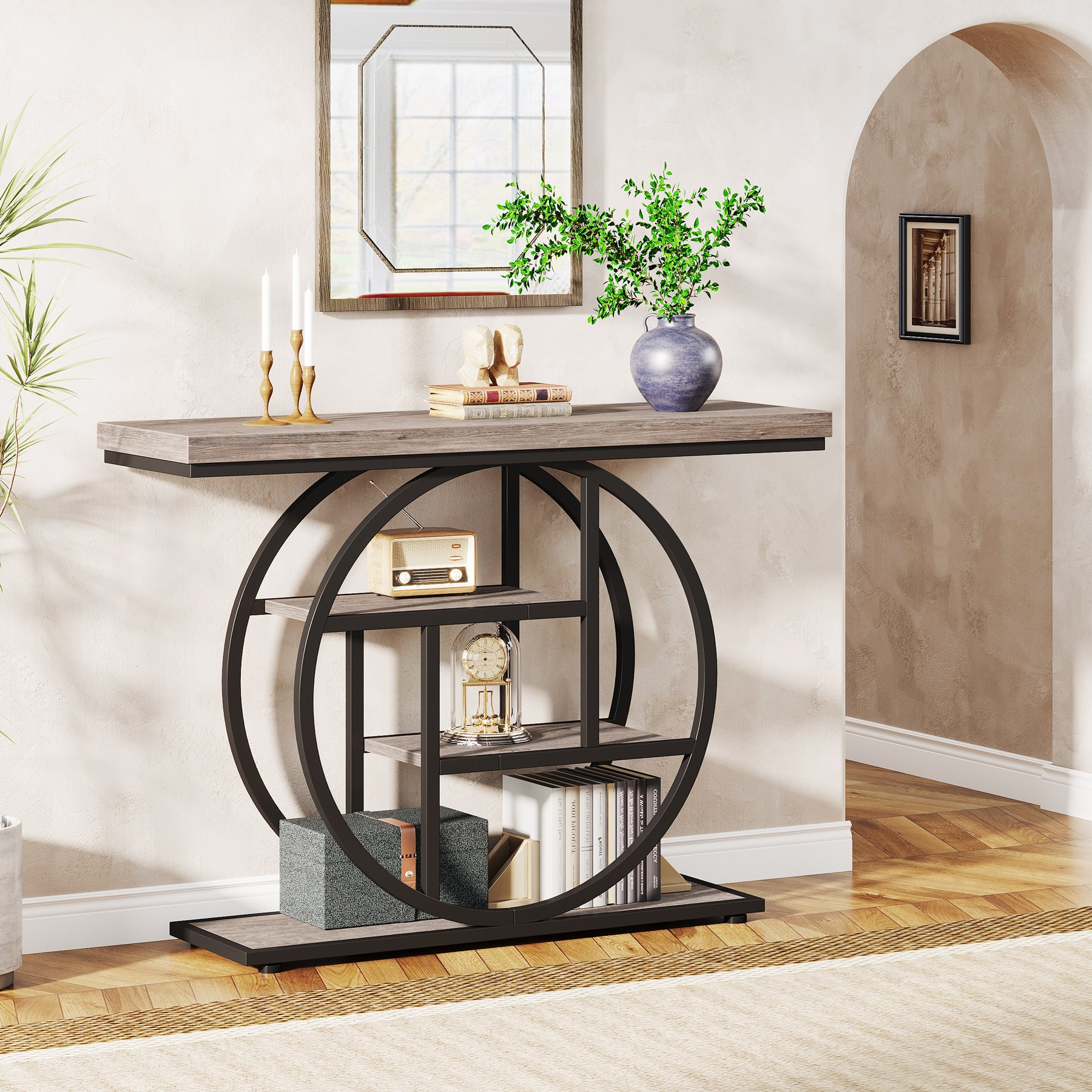 41.3" Console Table, Industrial 4-Tier Sofa Table Entryway Table with Circle Base
