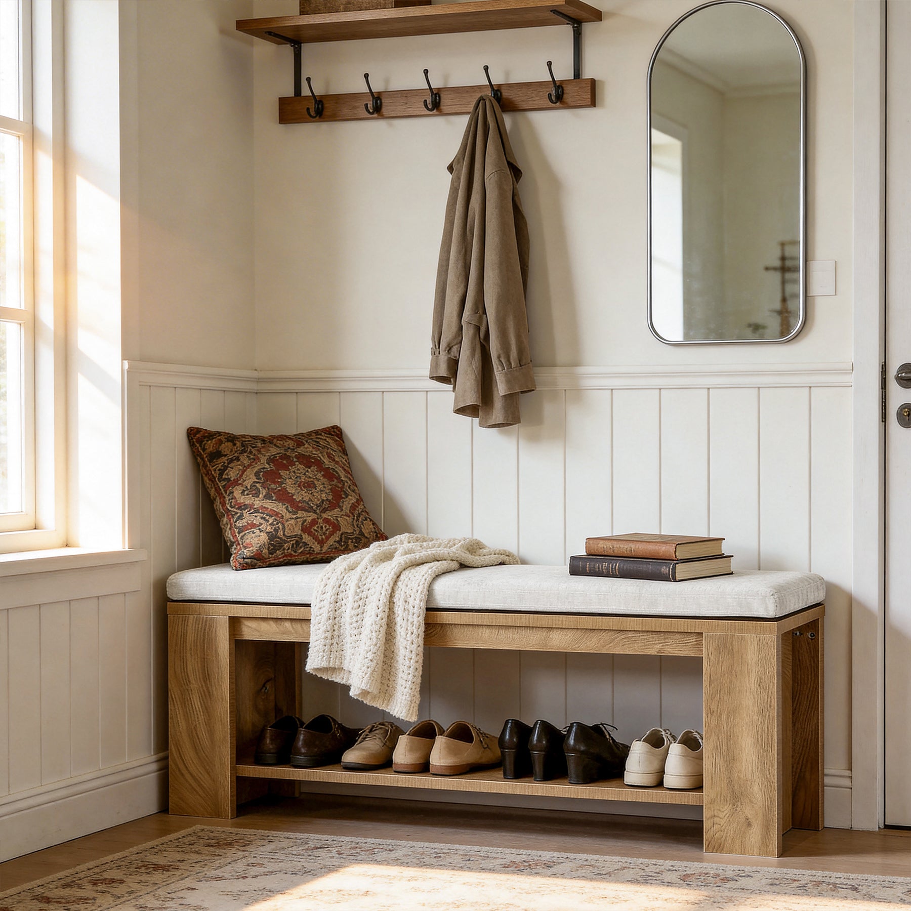 47" Upholstered Entryway Bench, Indoor End of Bed Bench with Padded Seat