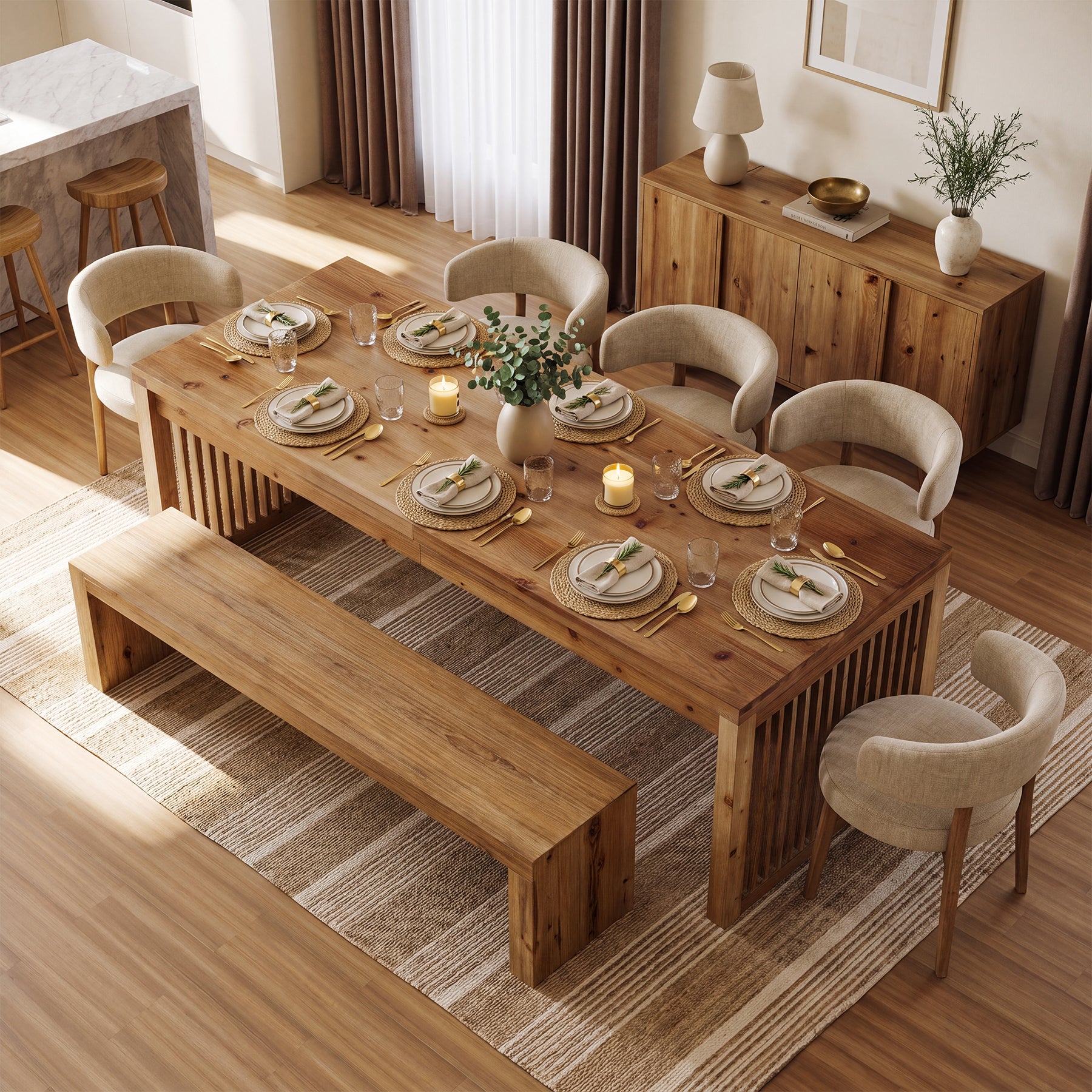 79" Solid Wood Dining Table, Rectangular Kitchen Table with Slat Legs for 6-8 People