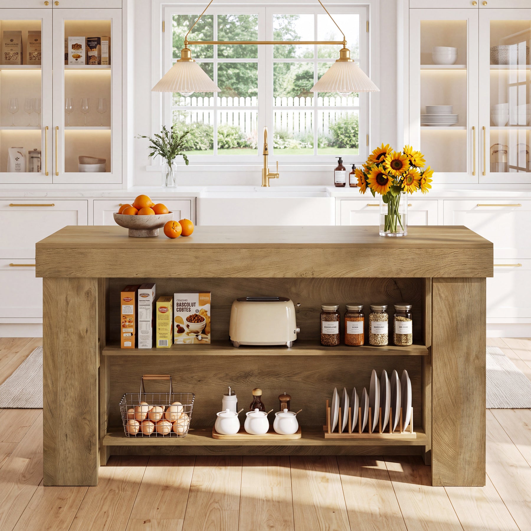 Tribesigns 55-Inch Kitchen Island with 2 Storage Shelves, Farmhouse Island Table with Seating