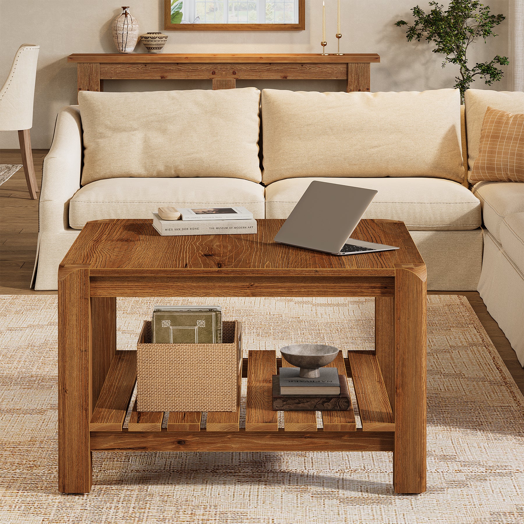 31.5" Modern Coffee Table, 2-Tier Solid Wood Square Center Table