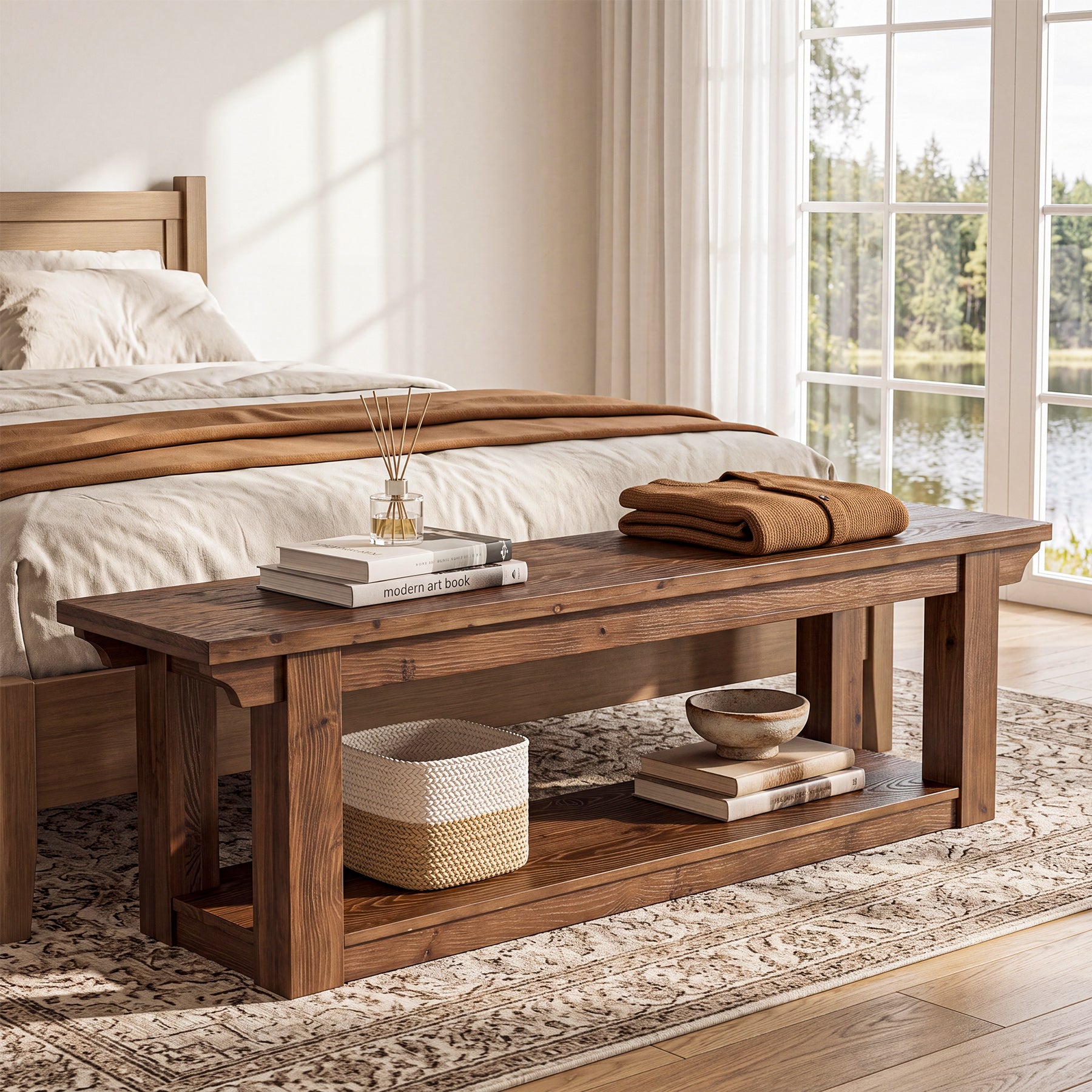 63" Entryway Shoe Storage Bench, Farmhouse Solid Wood 2-Tier, Hallway Bedroom