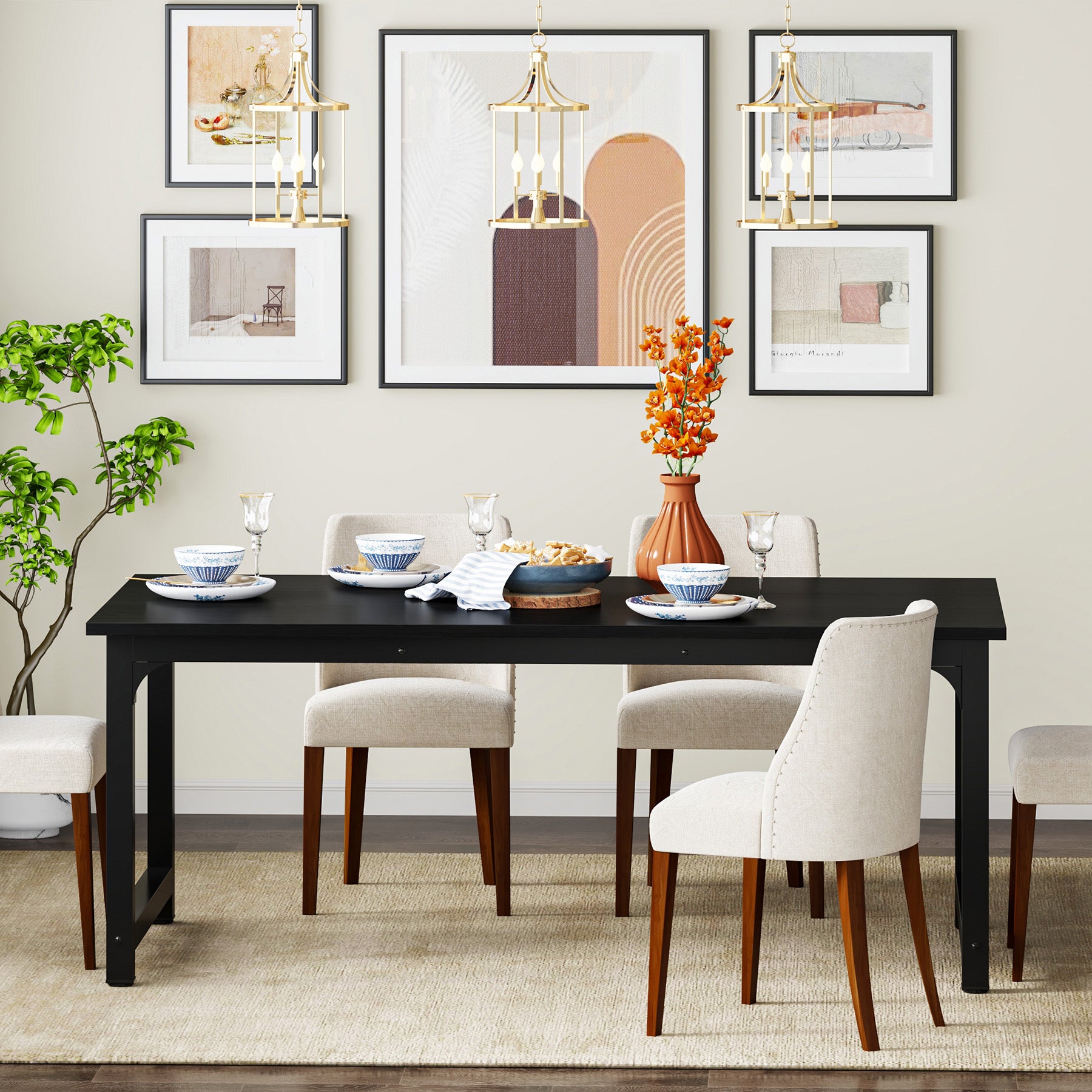 63" Rectangular Dining Table for 6–8 People, Industrial Wood Kitchen Table