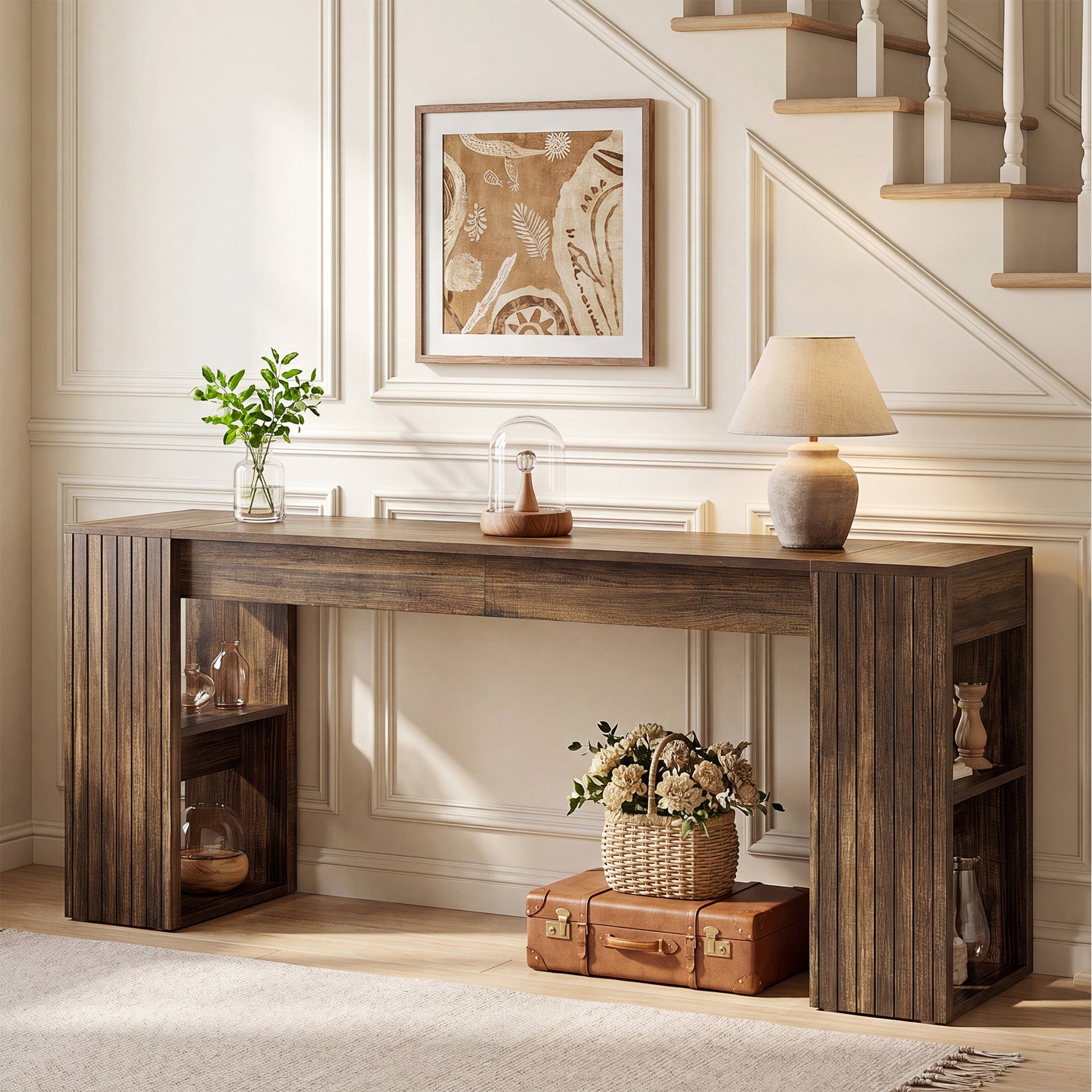 86" Extra Long Console Table, Farmhouse Entryway Sofa Table with Shelves for Hallway
