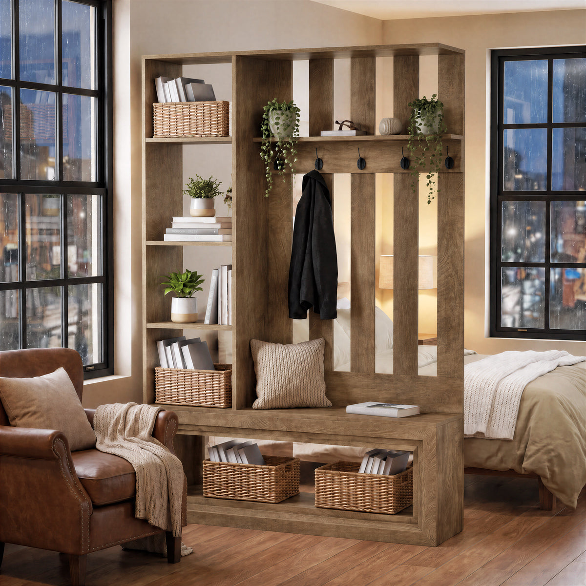 70.9" Room Divider, Farmhouse Wall Partition with Storage Shelves, 5 Hooks & Shoe Bench
