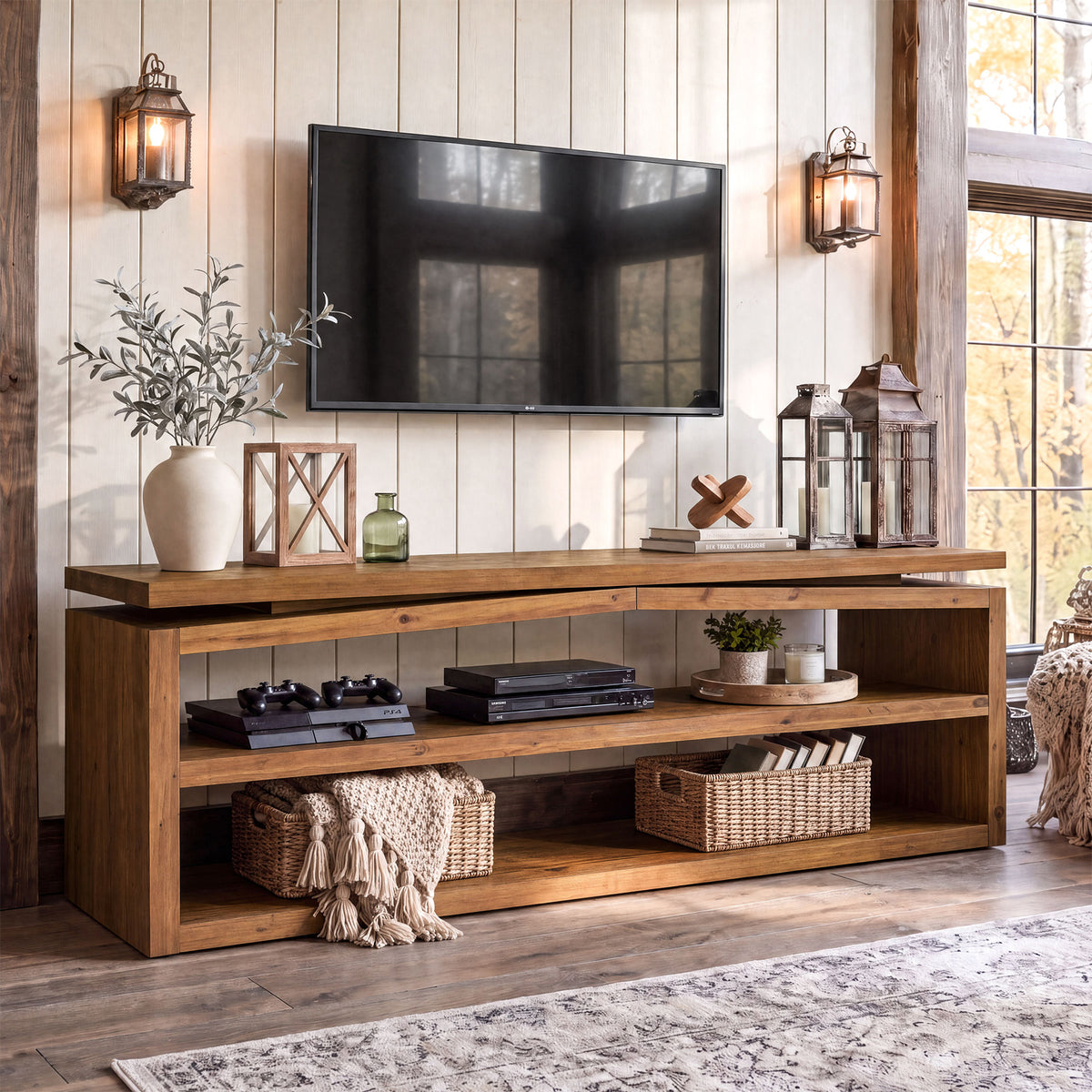 63" Farmhouse Solid Wood TV Stand for TVs Up to 70", 3-Tier Open Storage Media Console