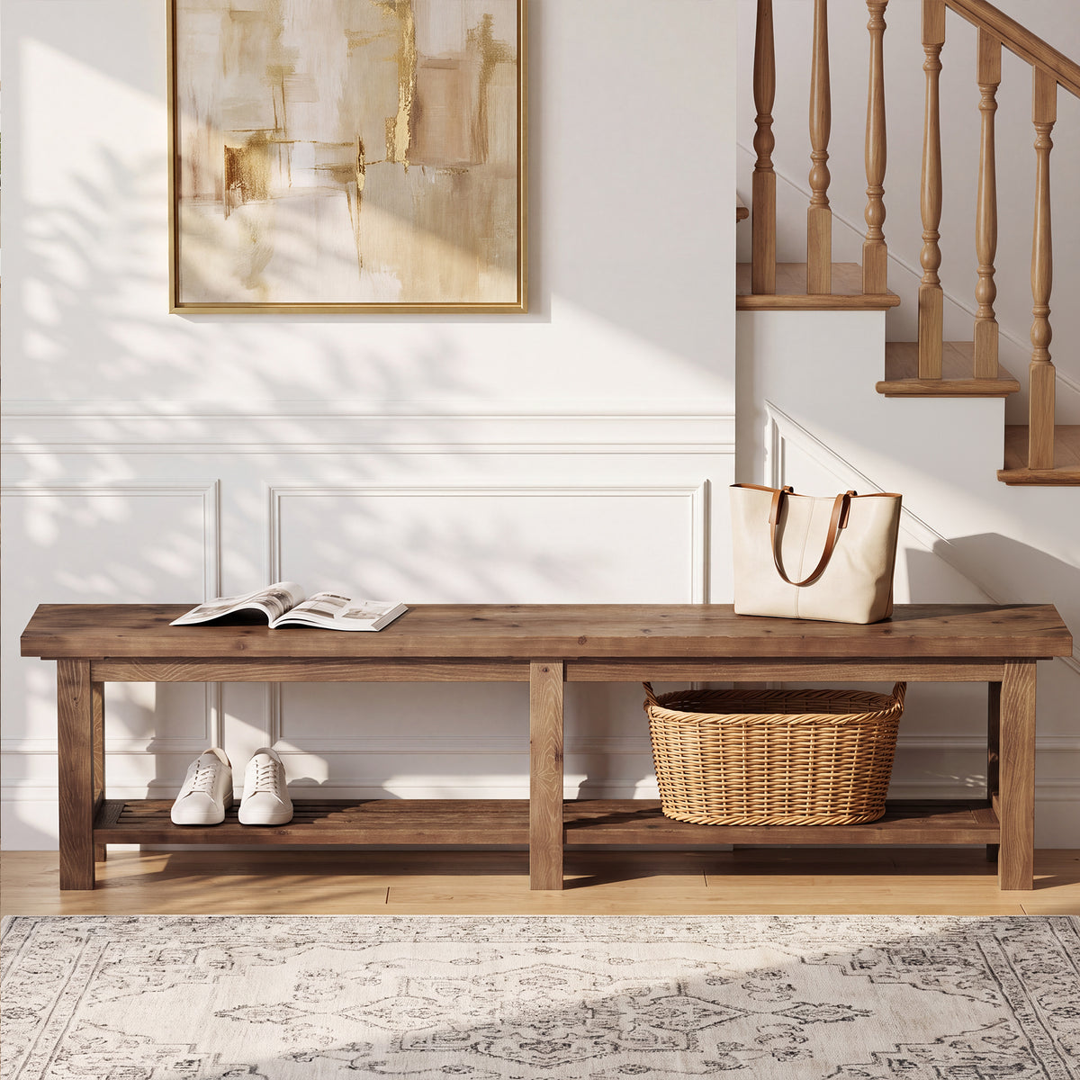 71" Solid Wood Entryway Bench, 2-Tier Shoe Bench End-of-Bed Bench with Open Storage