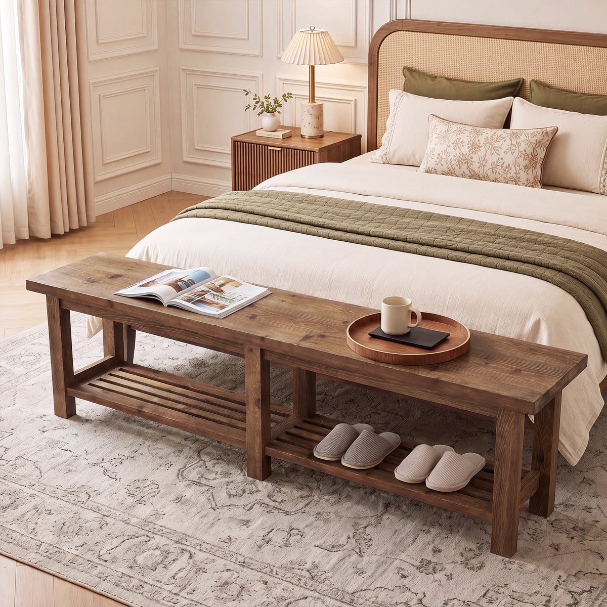71" Solid Wood Entryway Bench, 2-Tier Shoe Bench End-of-Bed Bench with Open Storage