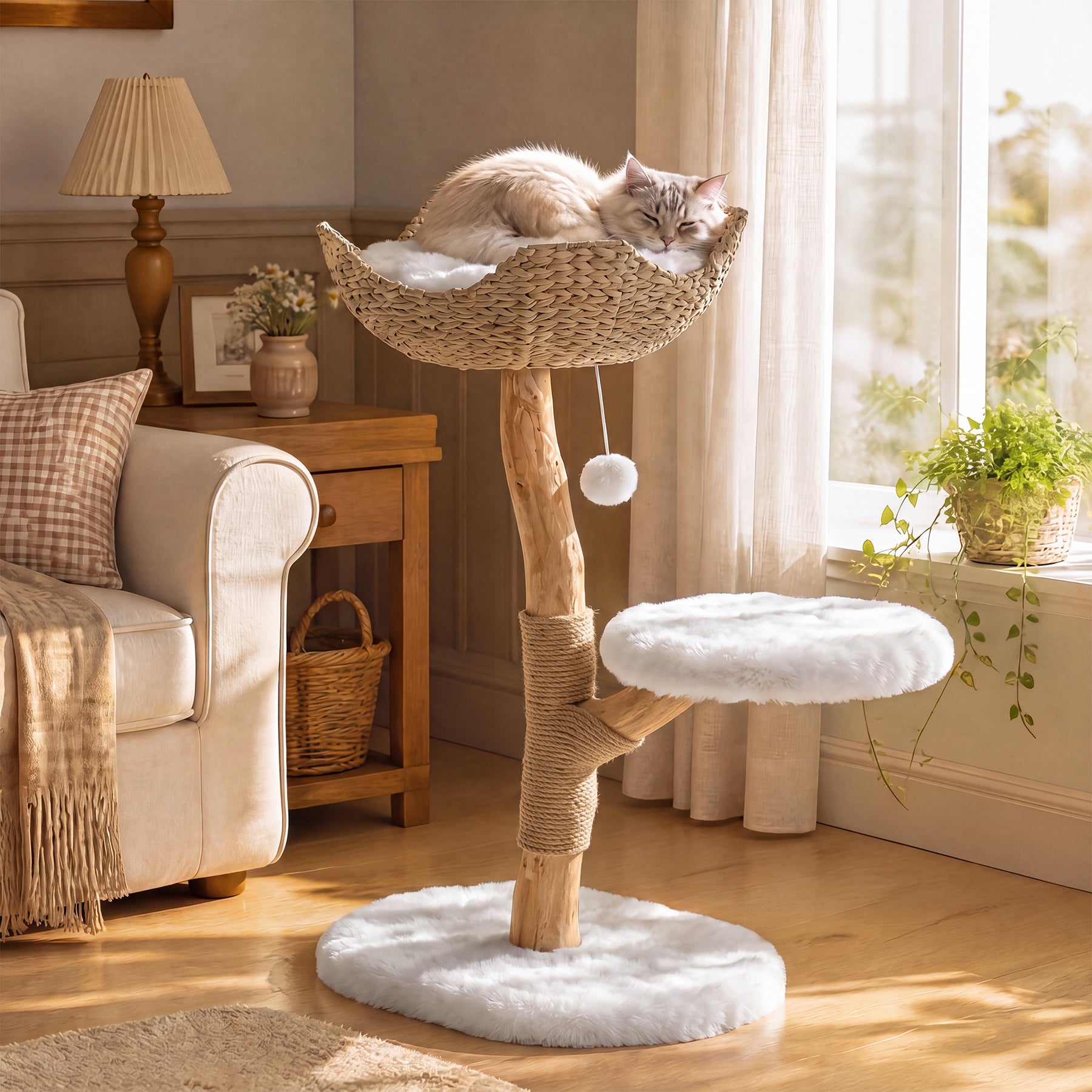 35" Tall Solid Wood Cat Tree, Boho Cat Tower with Cat Ear Wicker Basket Bed with Real Branch Design