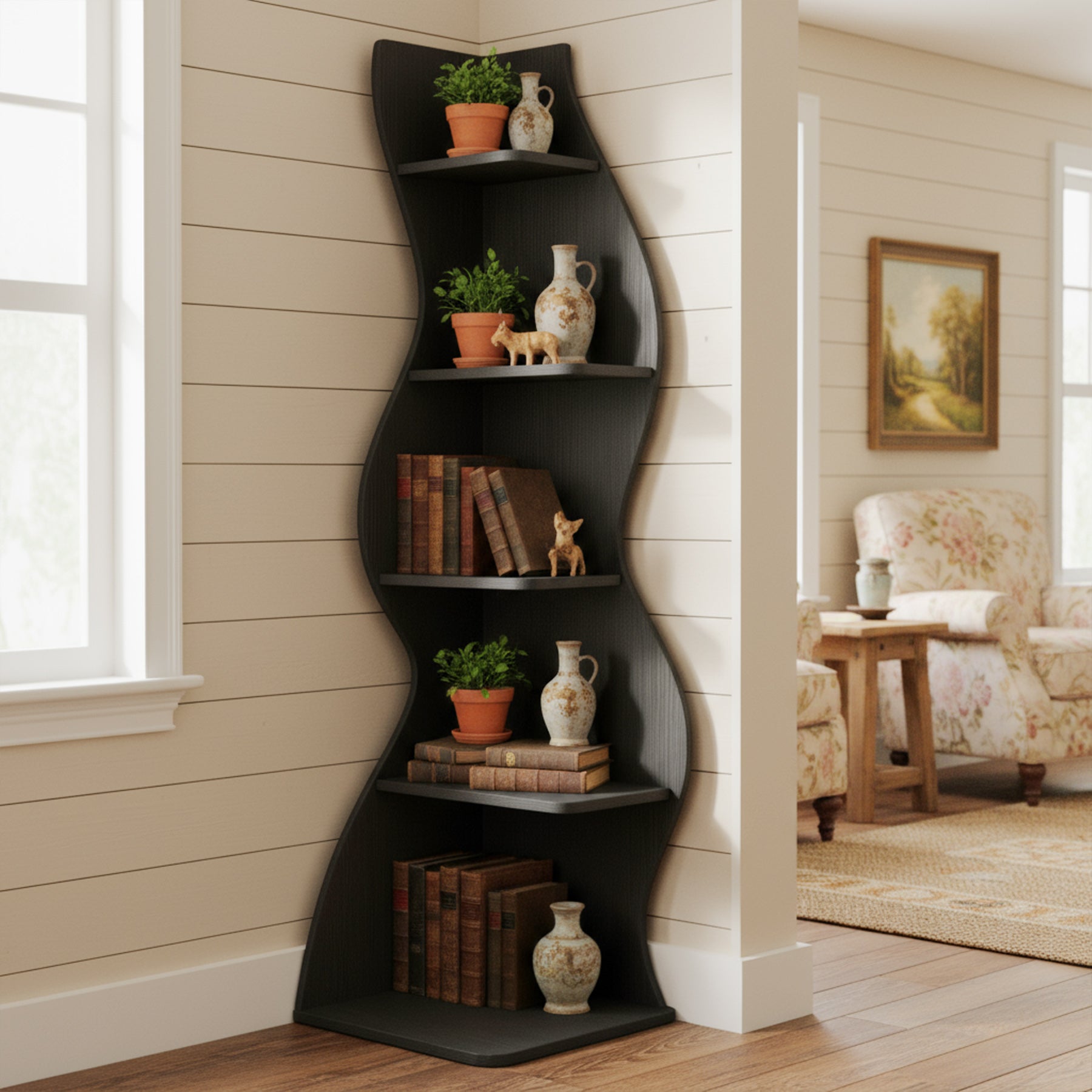 5-Tier Corner Bookcase, Rustic Freestanding Corner Shelf for Small Spaces