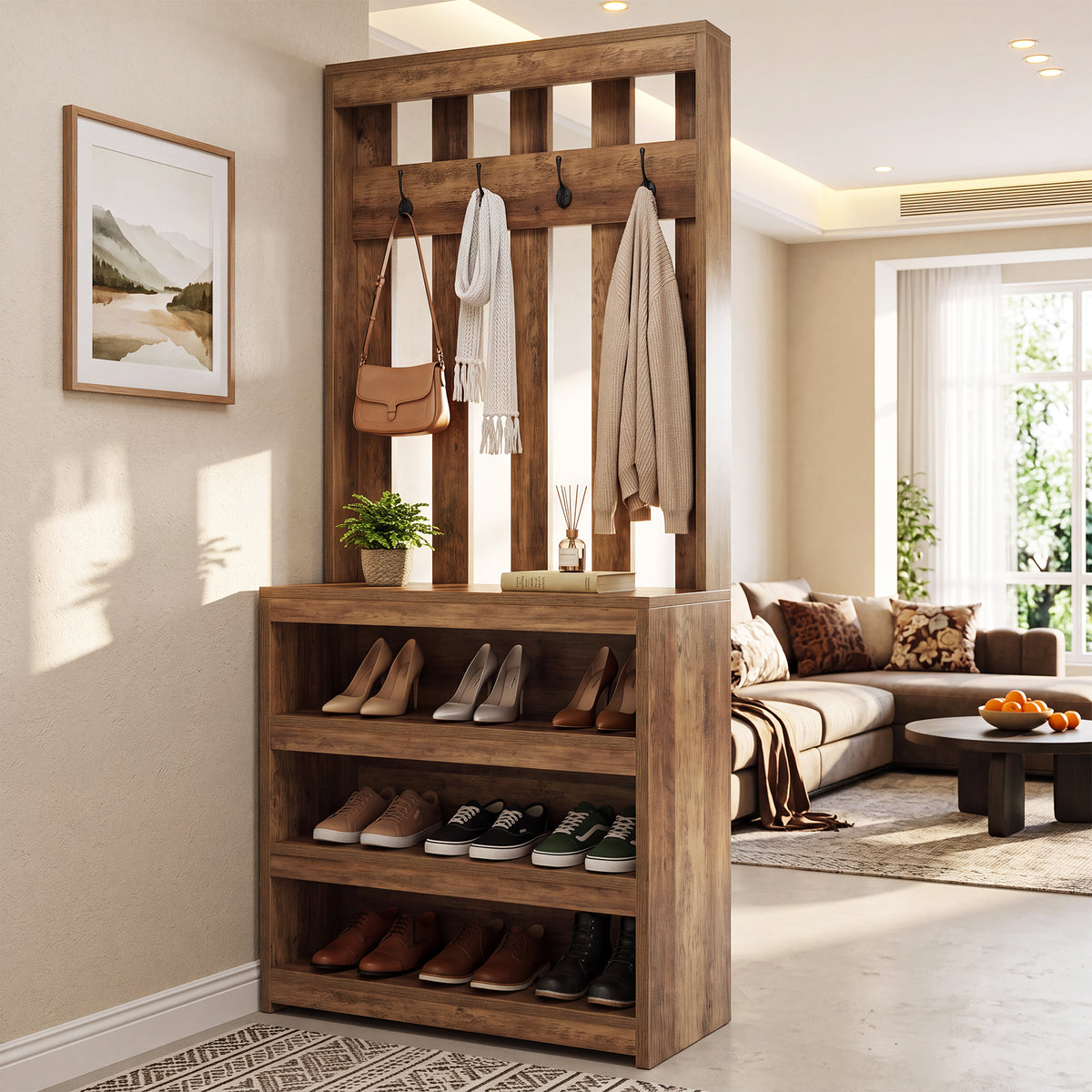 71" Room Divider with Shelves, Farmhouse Wall Partition With 4 Hook for Living Room, Foyer