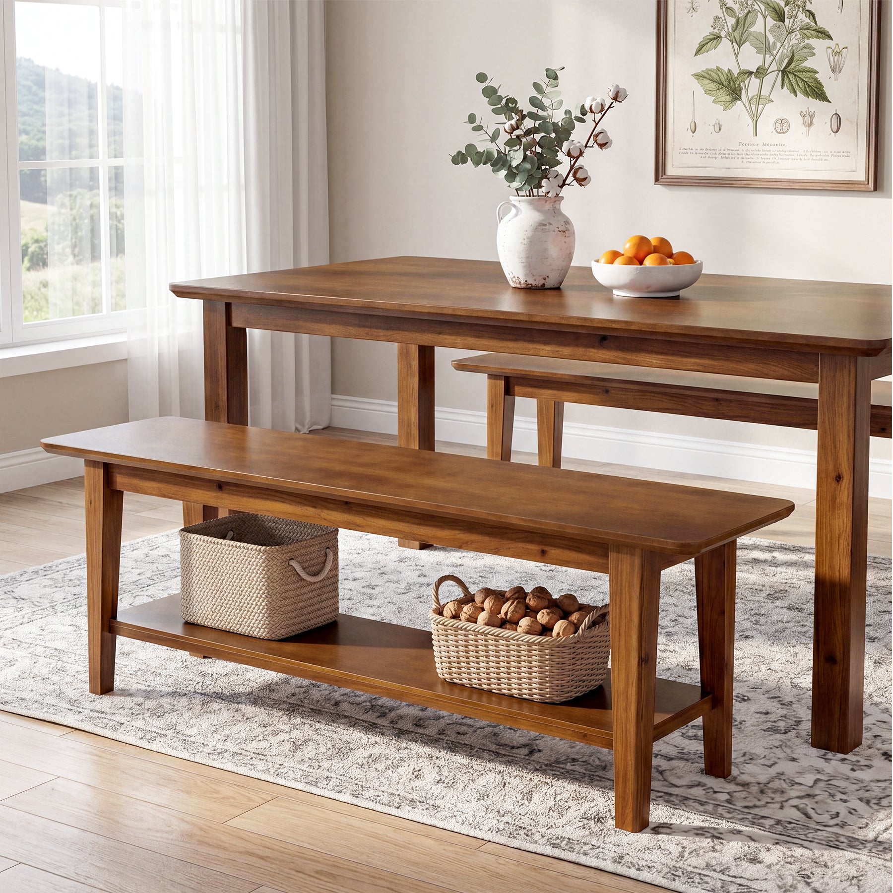 55" Solid Wood Dining Bench, Farmhouse Kitchen Bench with Lower Shelf