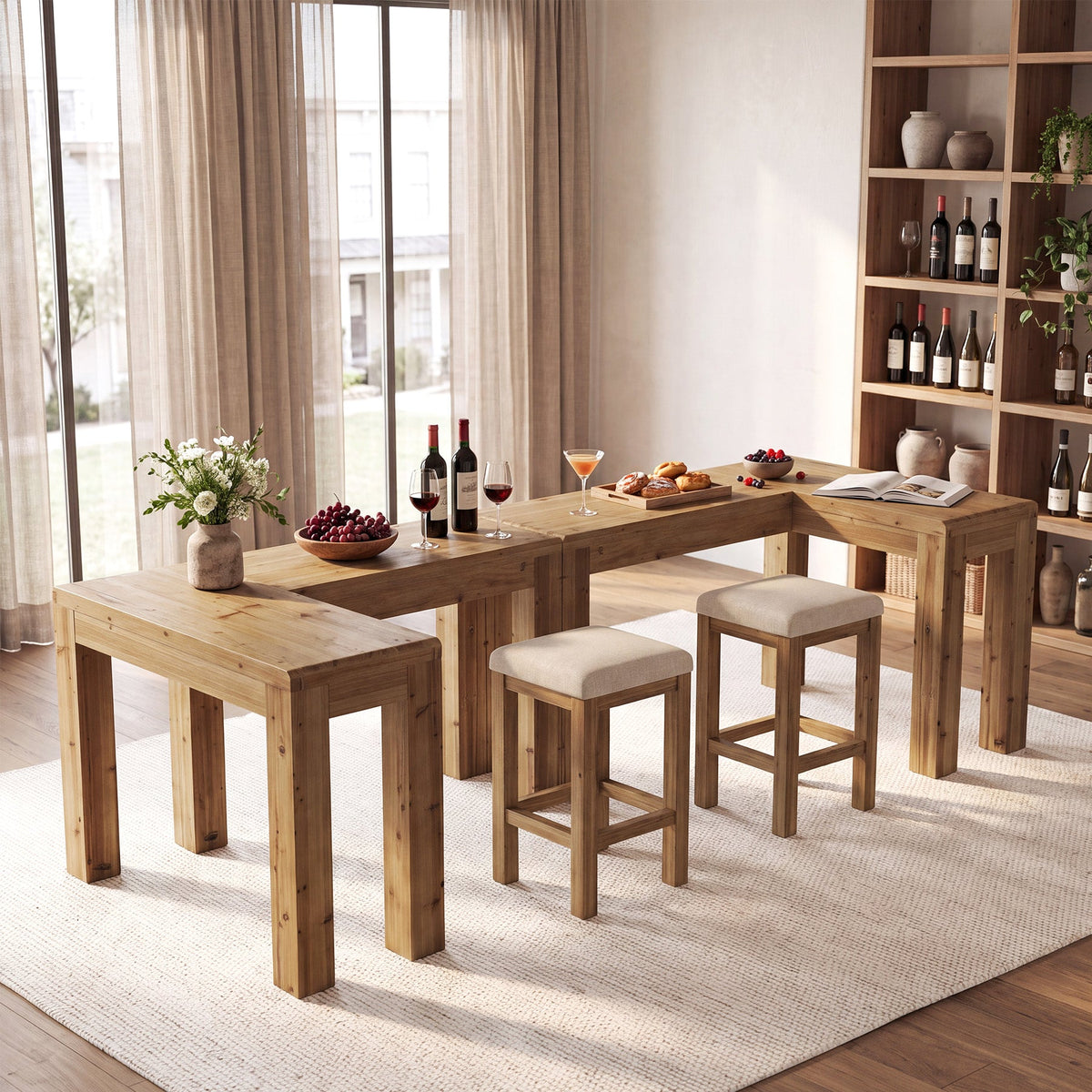 63" Solid Wood L-Shaped Bar Table, Corner Dining Table for Kitchen