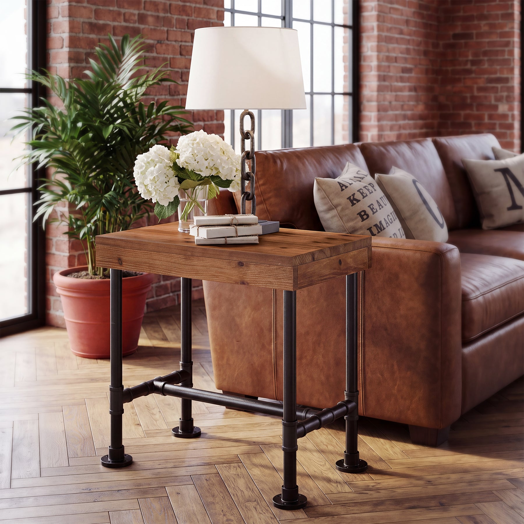 Industrial Narrow End Table with Metal Pipe Frame, Solid Wood Side Table, Living Room