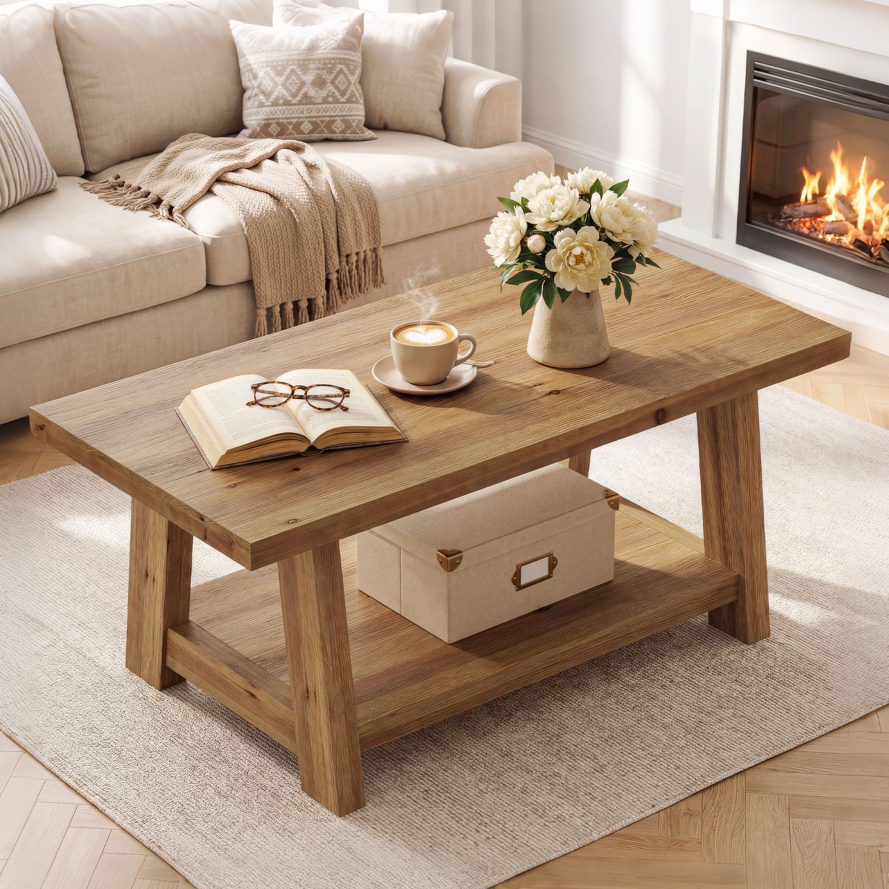 Solid Wood Coffee Table, 2-Tier Rectangle Center Table with Lower Storage Shelf
