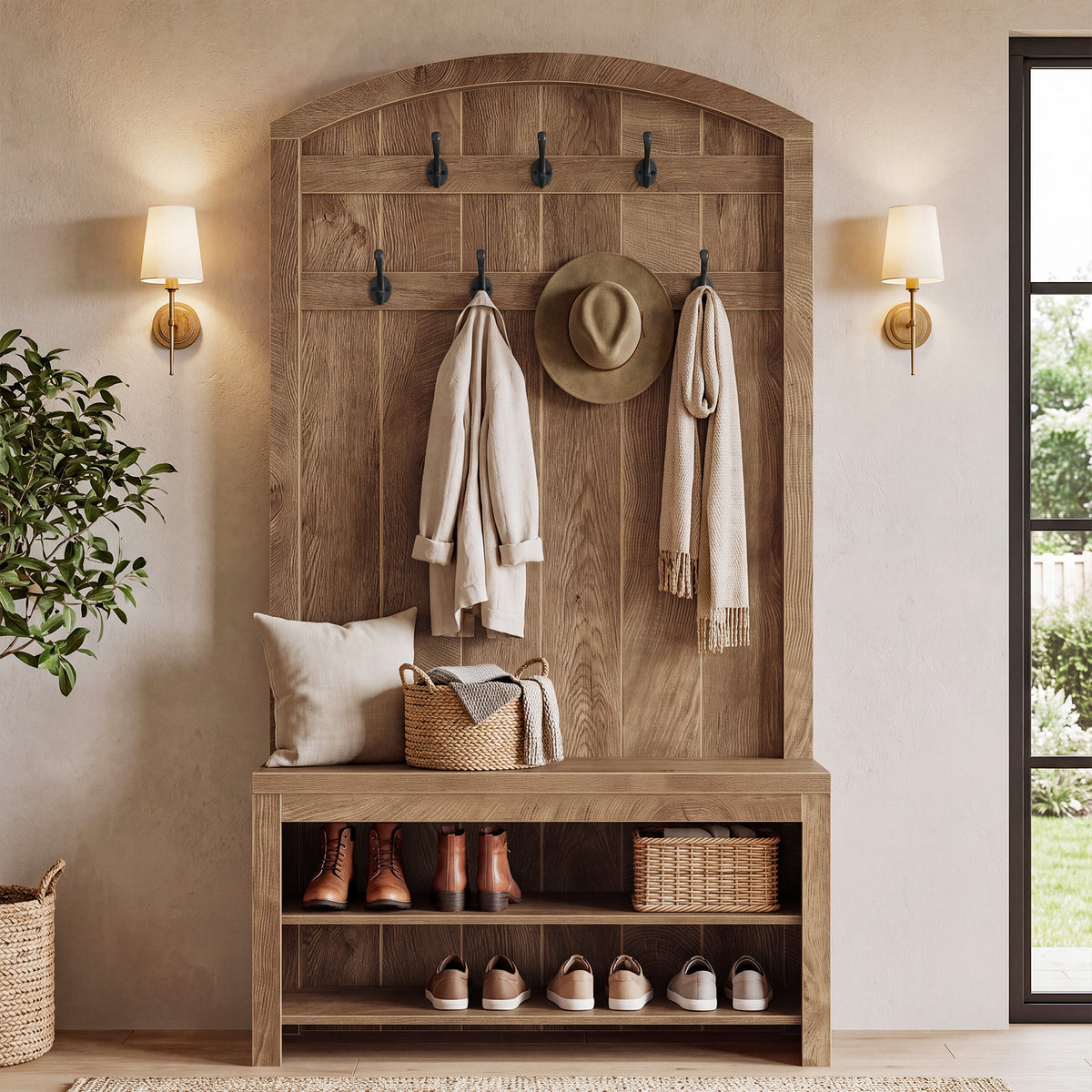 70.9" Hall Tree with Coat Rack and Shoe Storage, 3-in-1 Farmhouse Entryway Organizer with 7 Hooks