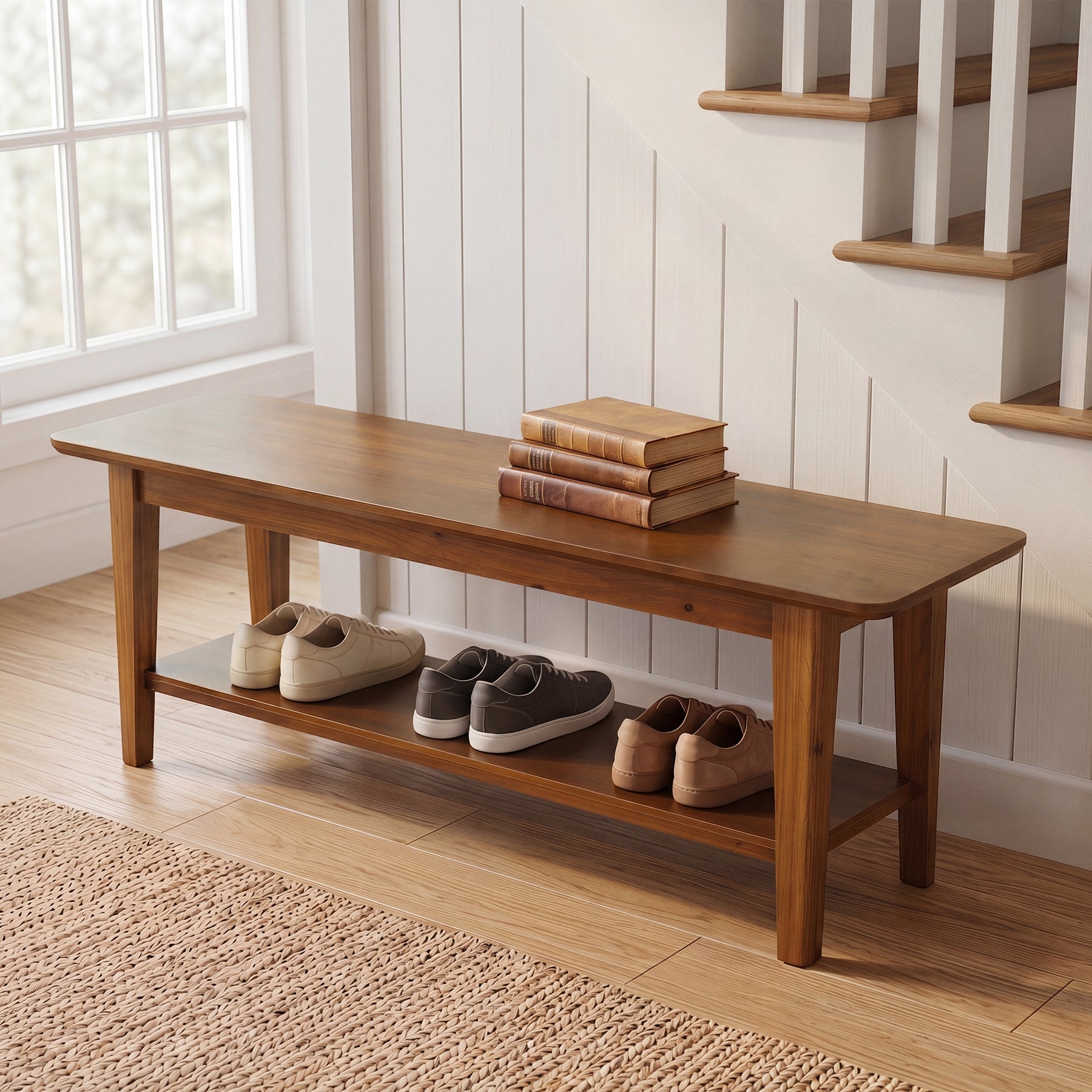 55" Solid Wood Entryway Bench, Farmhouse Shoe Storage Bench With Shelf For Hallway