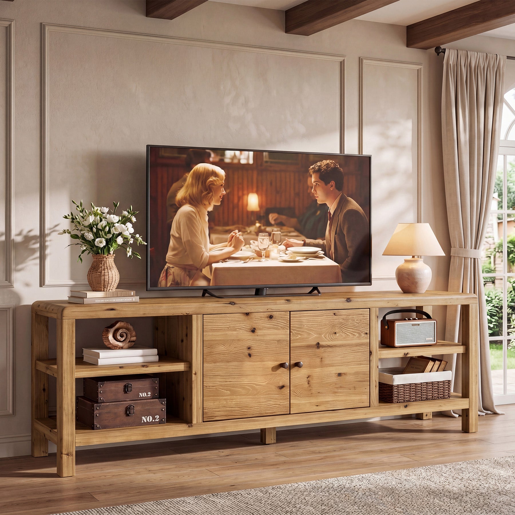 70.9-Inch Solid Wood TV Stand with Door and Storage Shelves, Farmhouse Entertainment Center for TVs up to 80 Inches