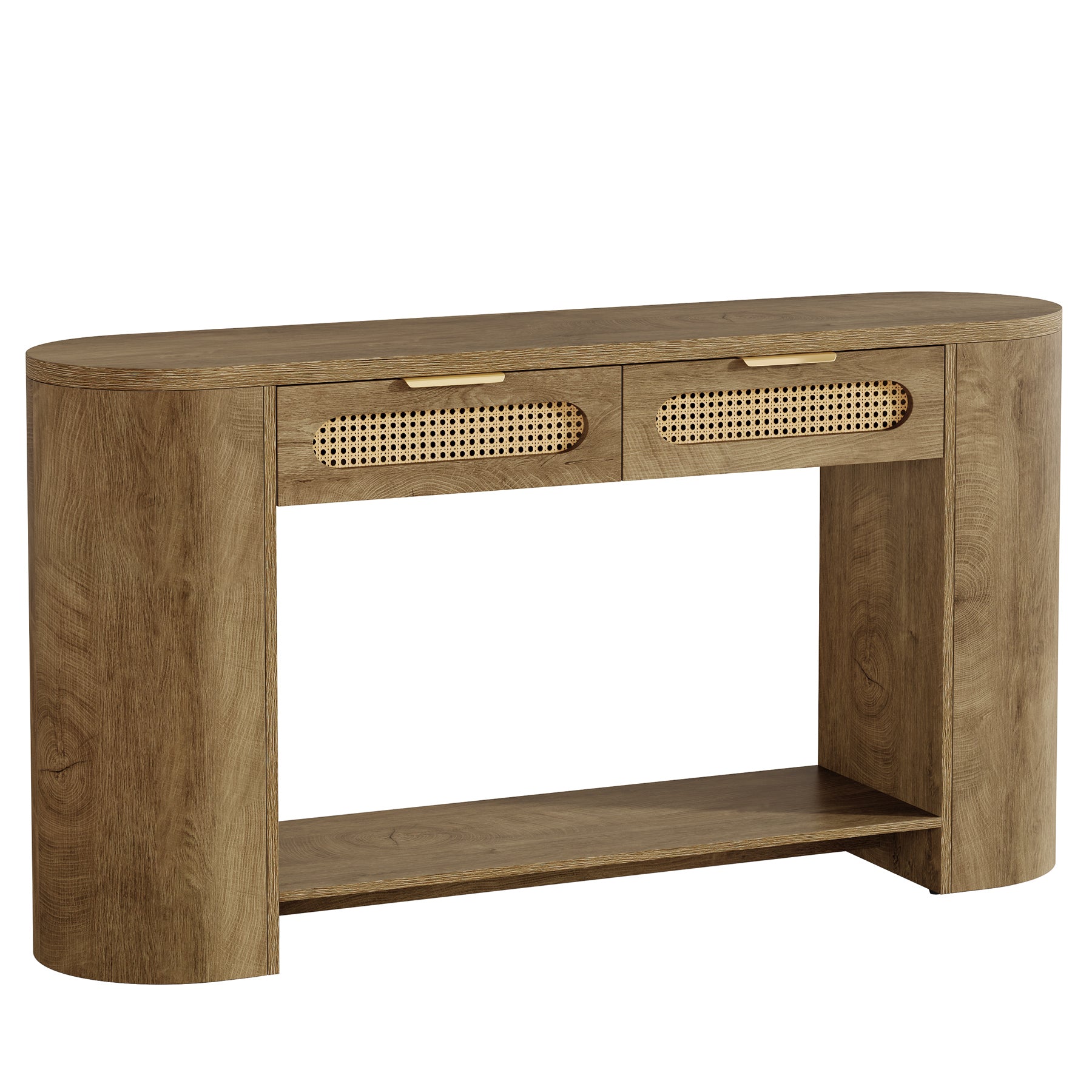 55" Console Table, Farmhouse Entryway Sofa Table With 2 Rattan Drawers & Shelf