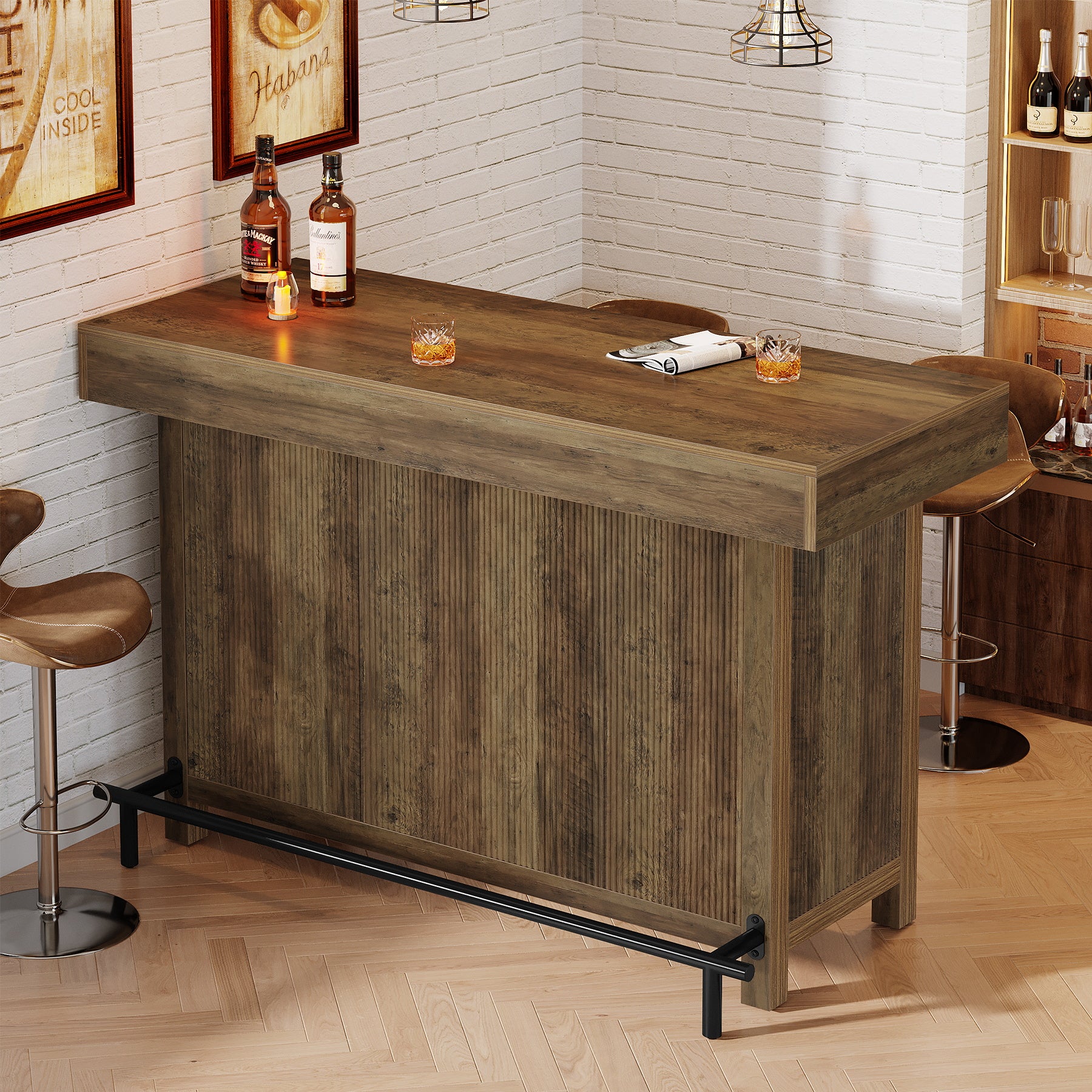 57.48" Bar Unit, Industrial Counter Height Bar Table with 2-Tier Storage