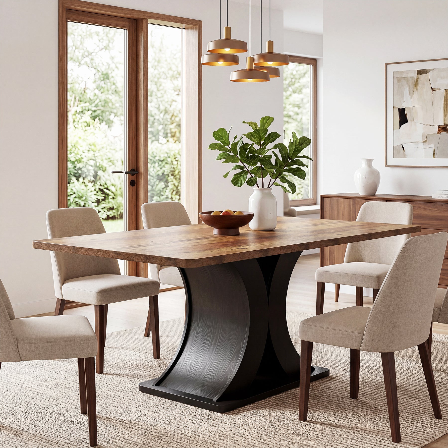 55-Inch Dining Table for 4-6, Farmhouse Wooden Table with Pedestal Base for Kitchen Dining Room