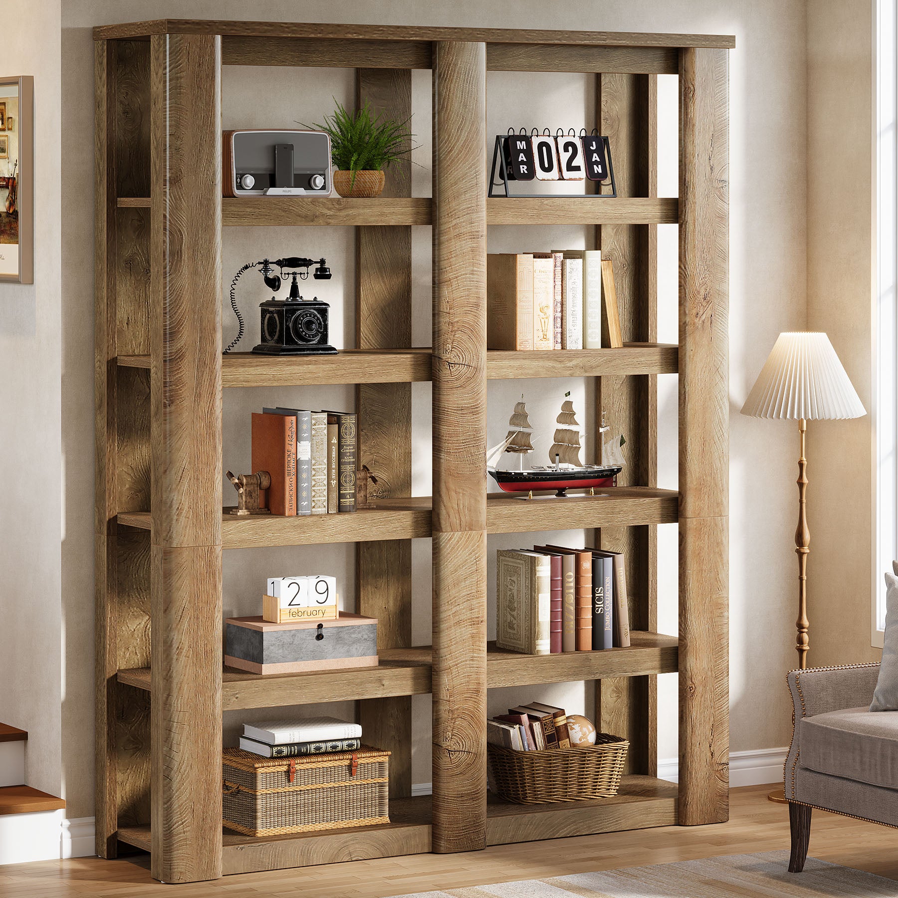 6-Tier Bookshelf, 71" Farmhouse Bookcase with Storage Shelves