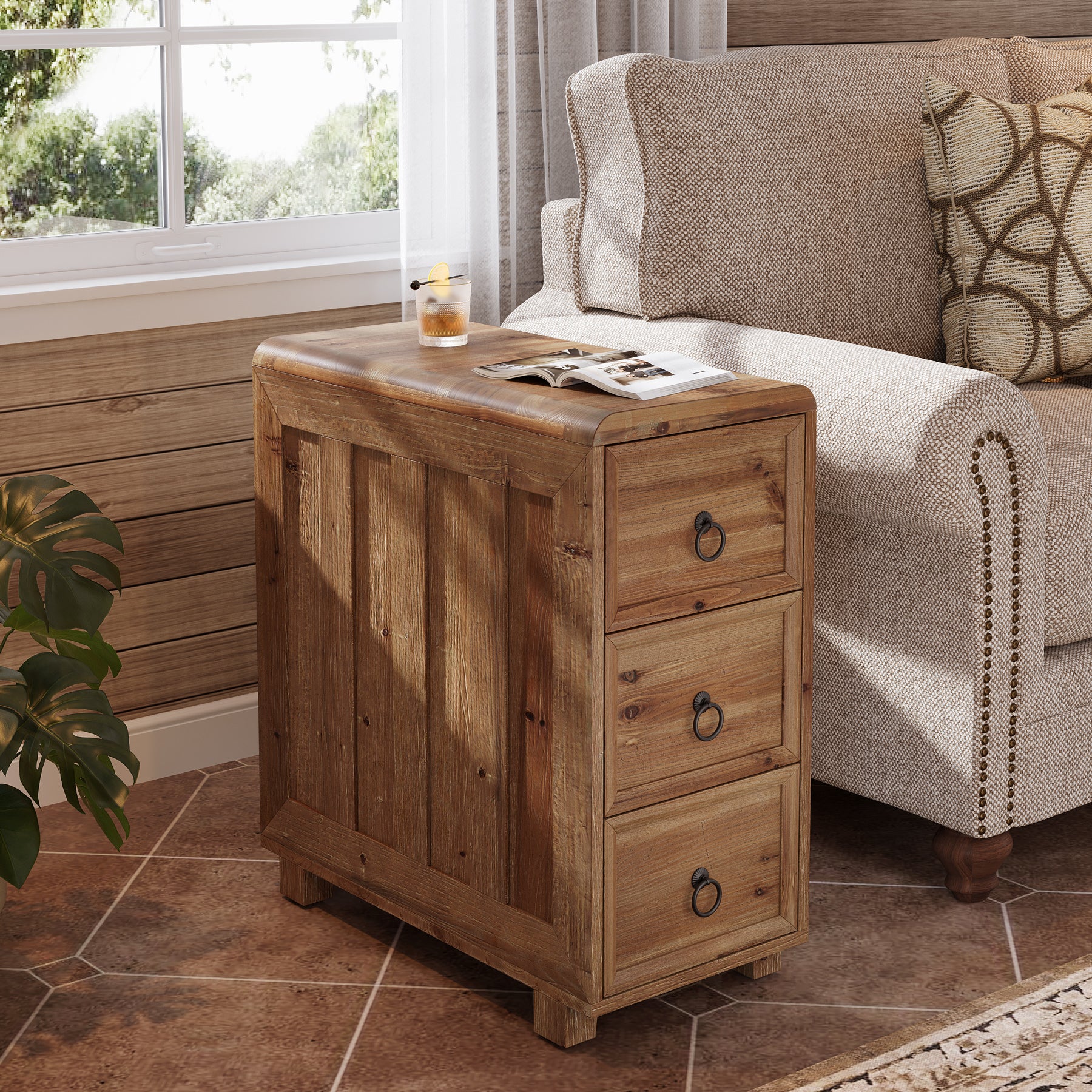 Solid Wood End Table, Narrow Side Table Nightstand with 3 Drawers