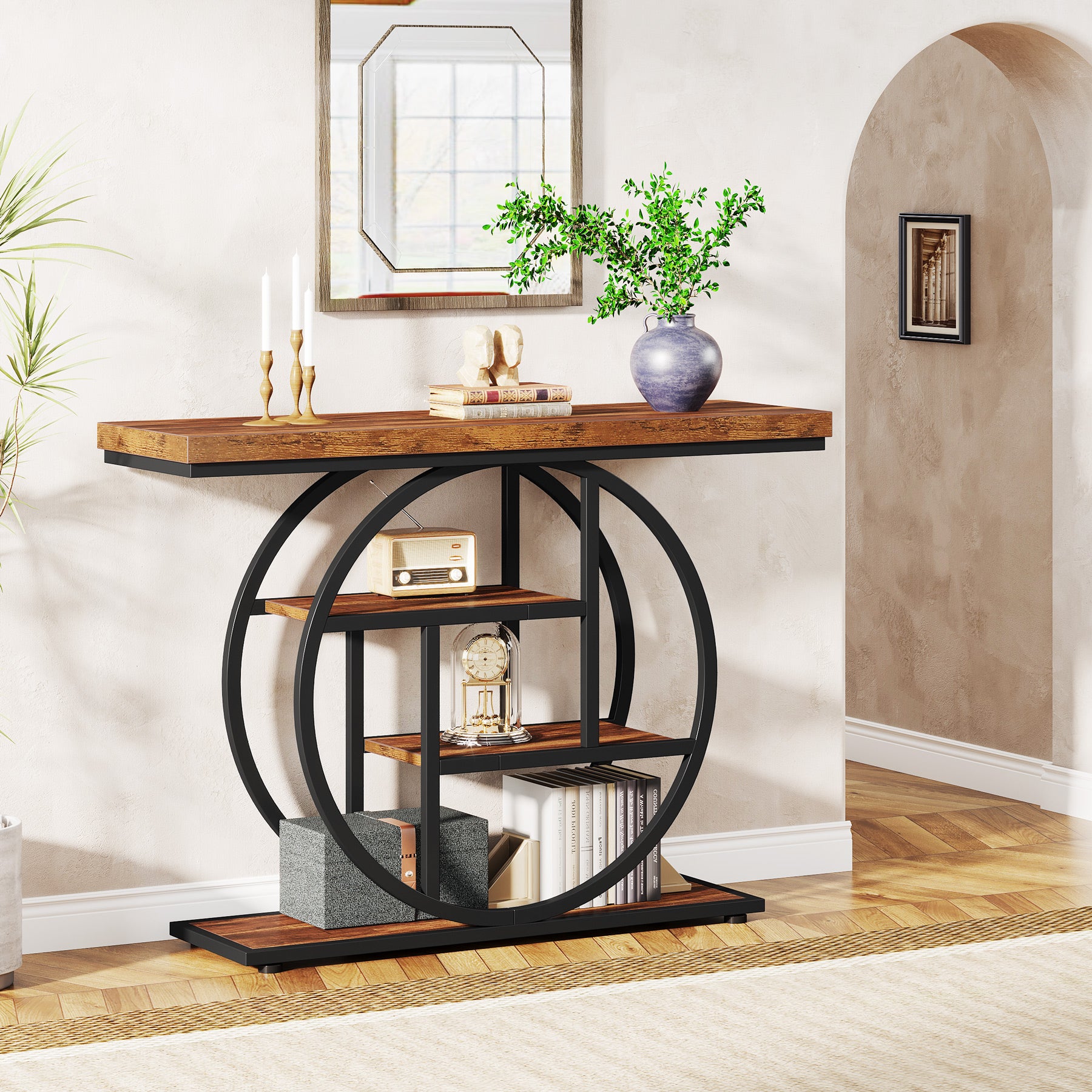 41.3" Console Table, Industrial 4-Tier Sofa Table Entryway Table with Circle Base