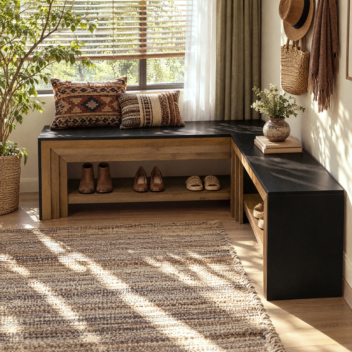 55" L-Shaped Corner Shoe Storage Bench, 2-Tier Entryway Bench with Open Shelves