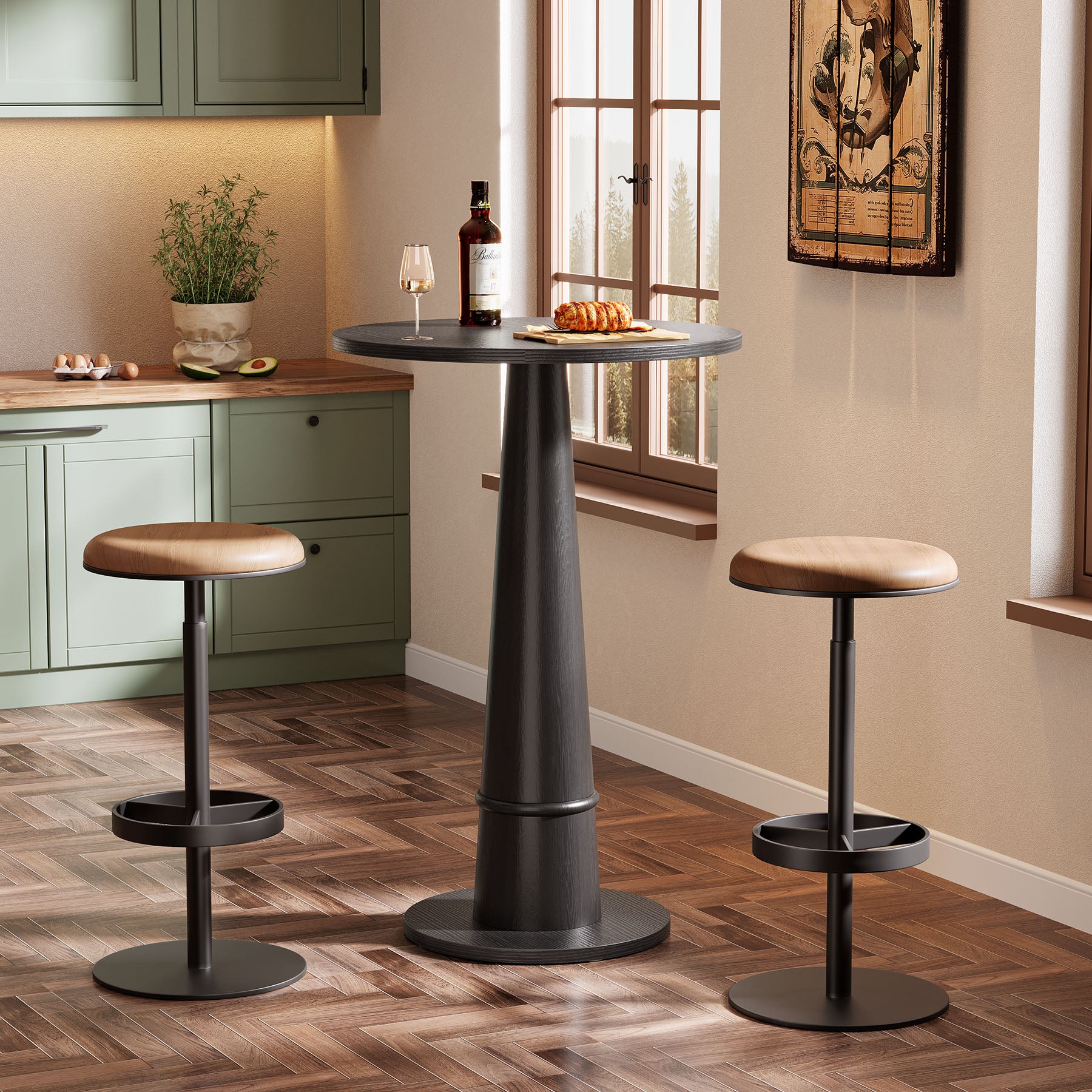 Round Bar Table, 37.4" High Pub Cocktail Table with Solid Wood Pillar
