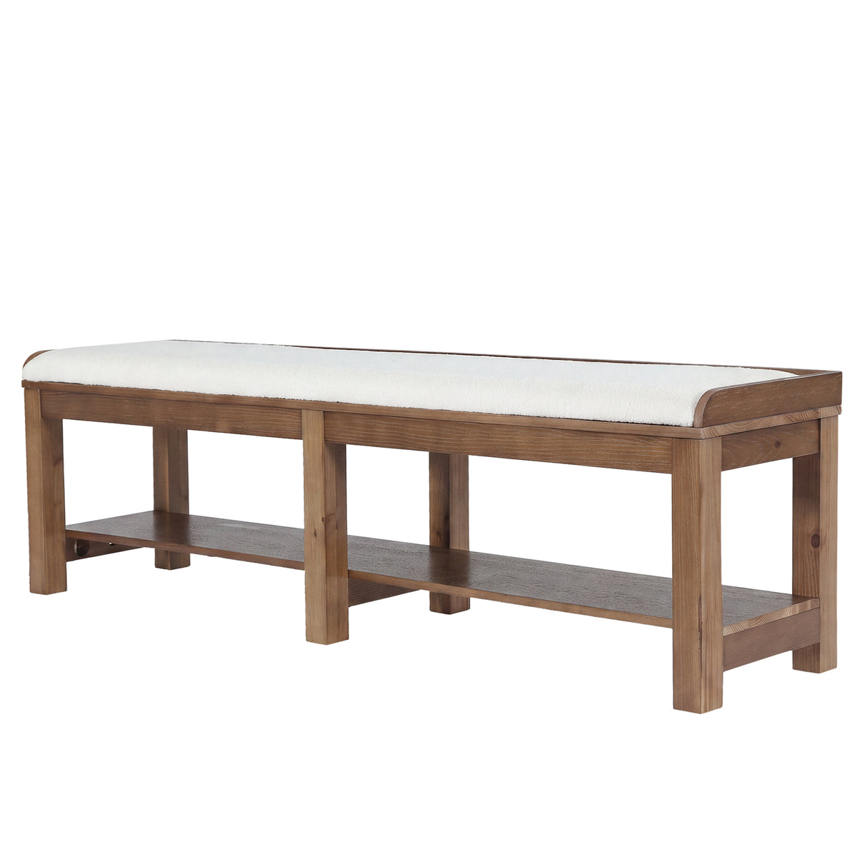 63" Solid Wood Dining Bench, Upholstered Kitchen Bench with Lower shelf