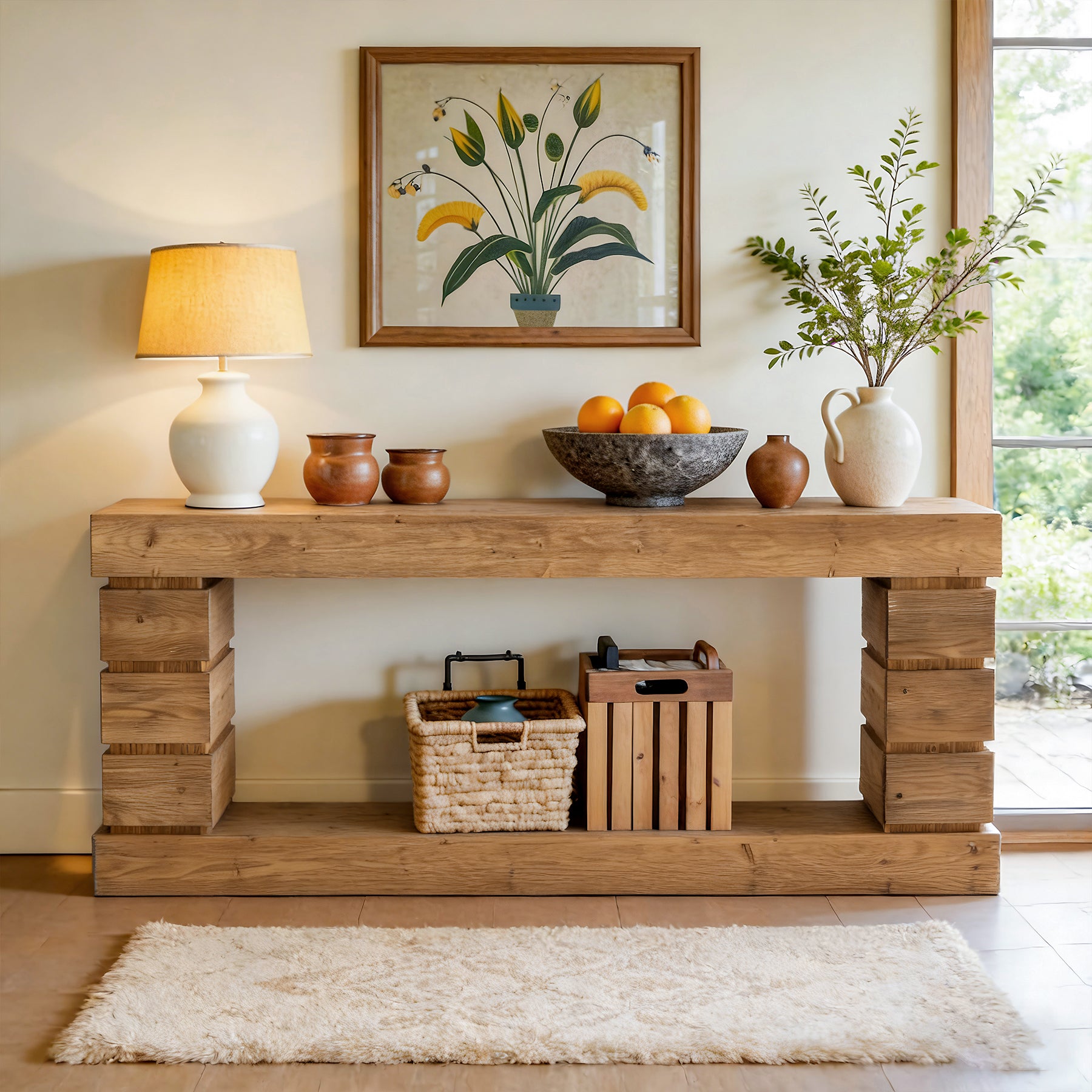 62.9" Solid Wood Console Table with Storage Shelf, Narrow Entryway Sofa Table for Hallway or Living Room