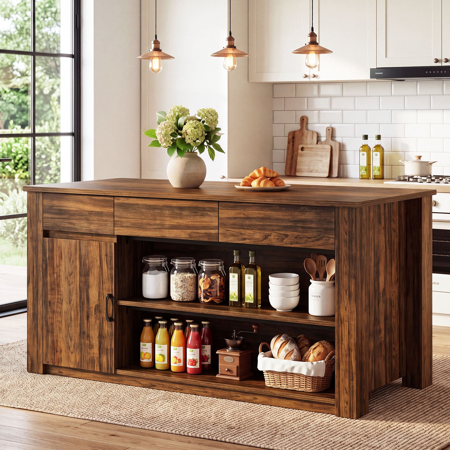 70.87" Kitchen Island with 3 Drawers, Cabinet and Open Shelves