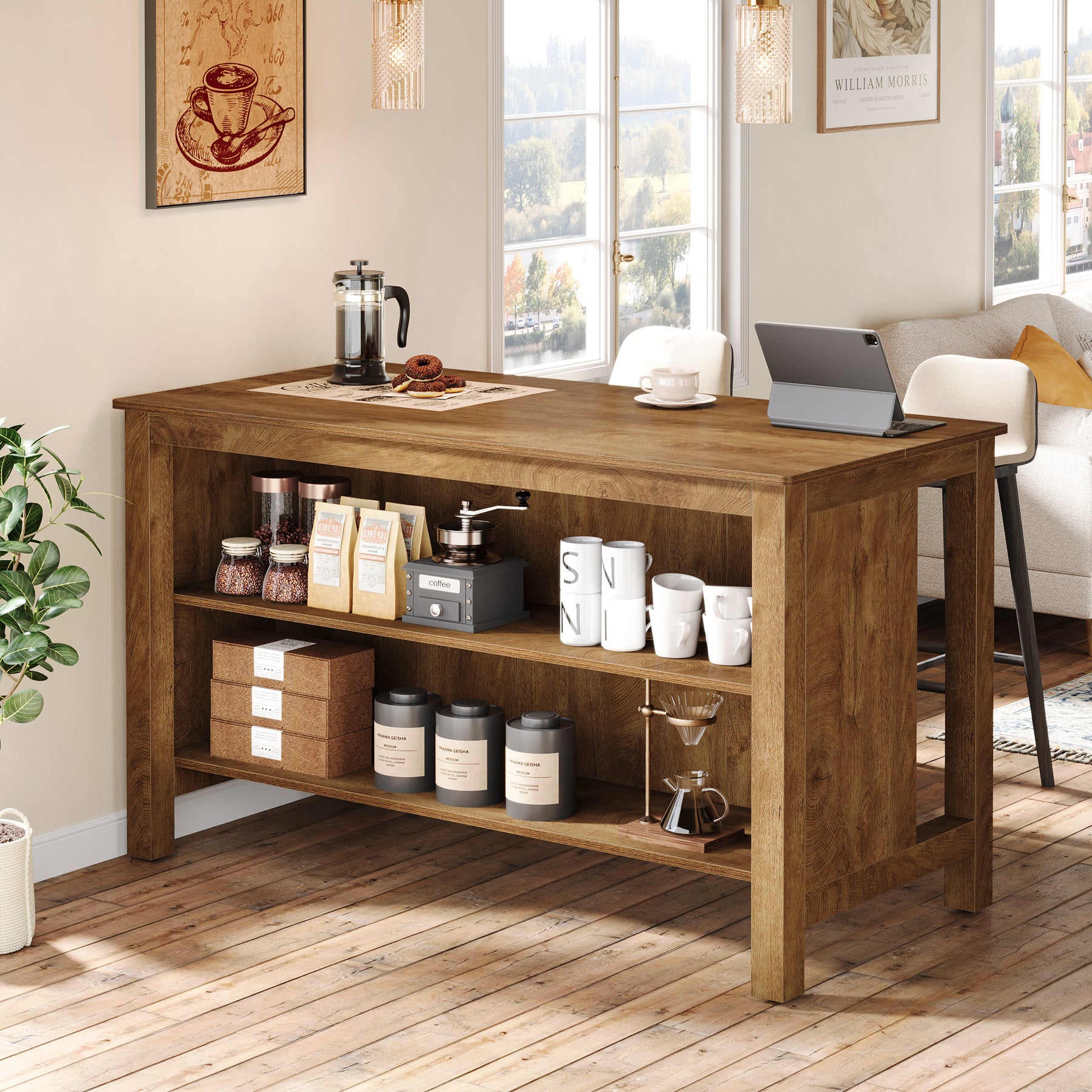 3-Tier Home Bar Table Unit, 59" Counter Height Pub Table with Storage Shelves