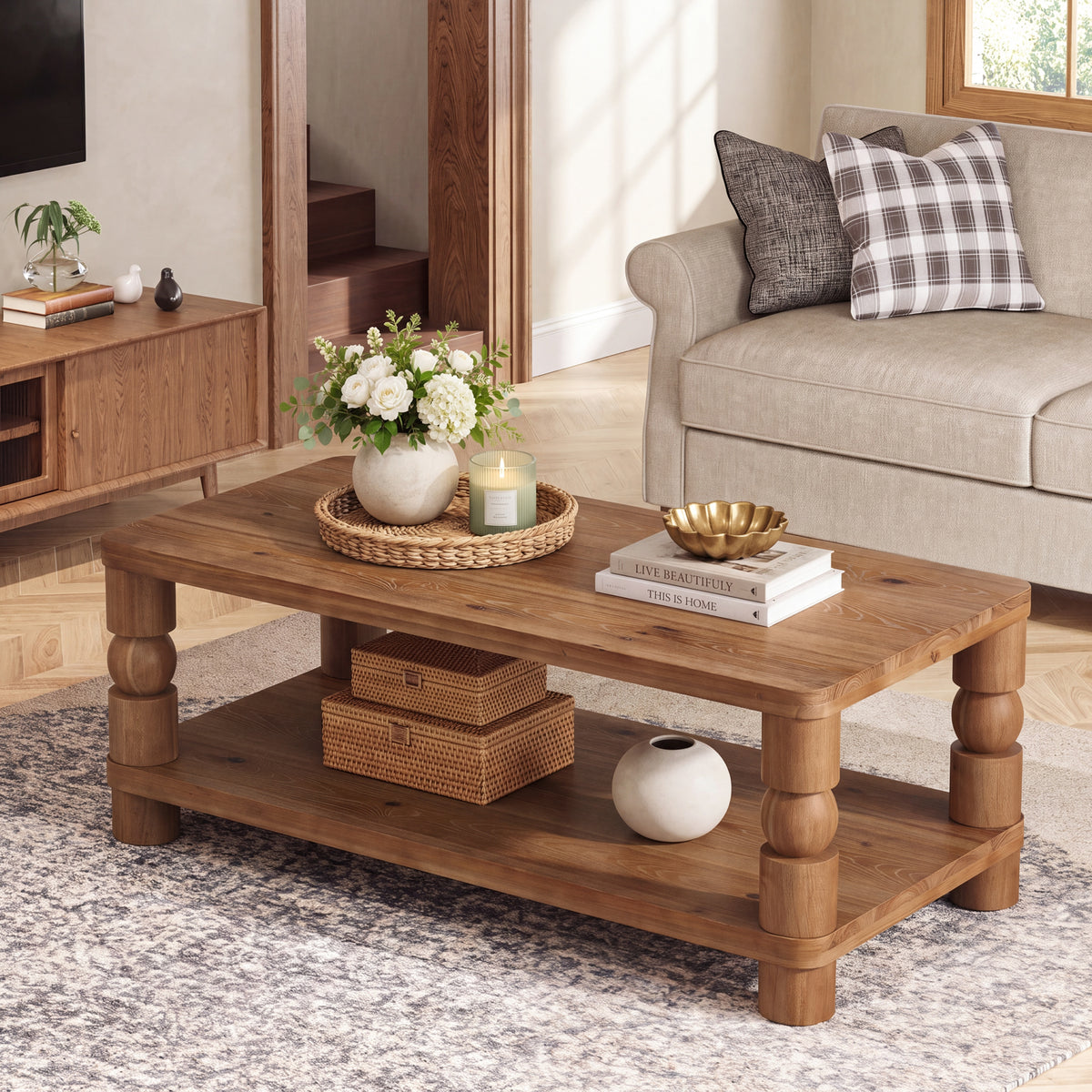 47" Farmhouse Solid Wood Coffee Table, 2-Tier Storage, Living Room