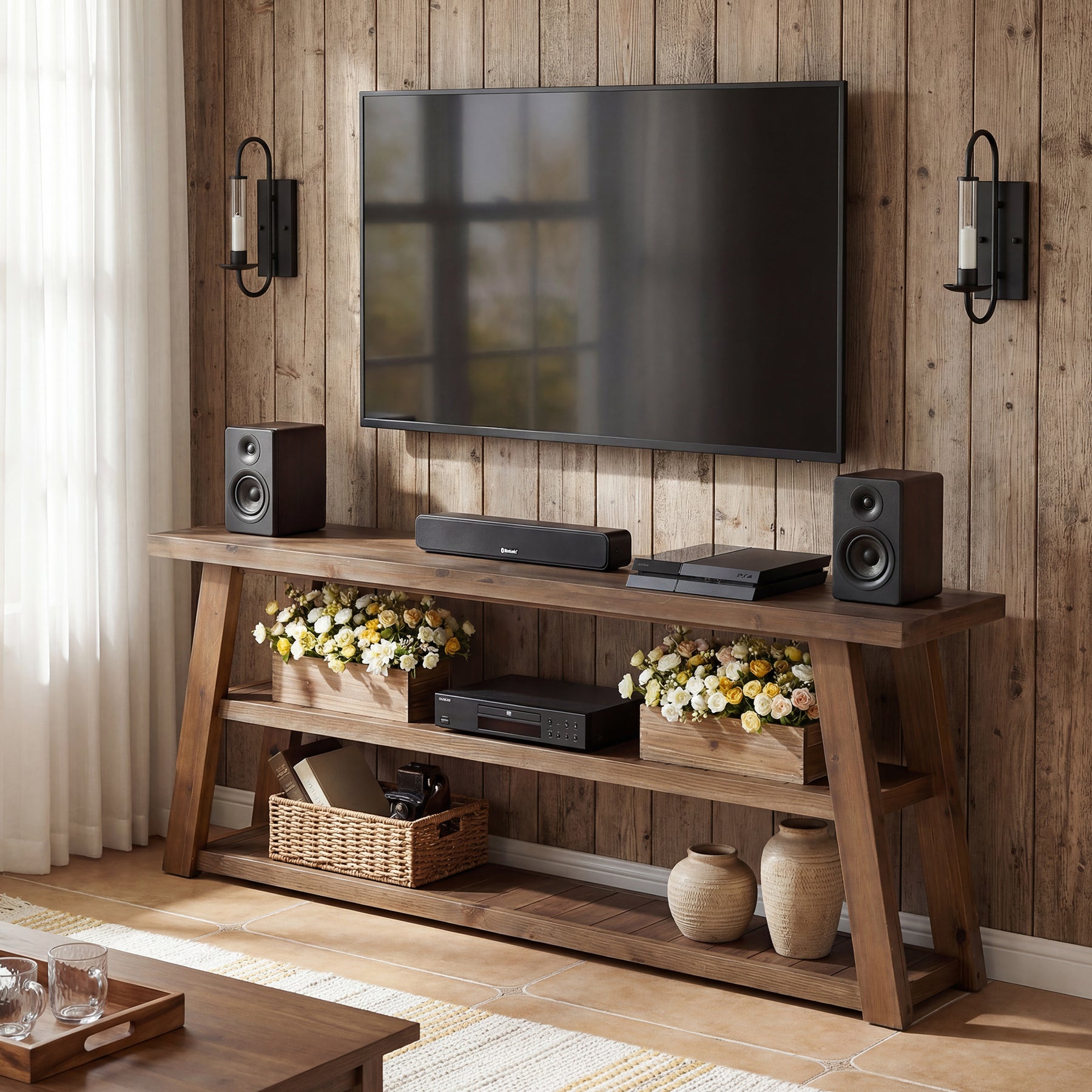 3-Tier Solid Wood TV Stand, 63" Entertainment Center with Open Shelves