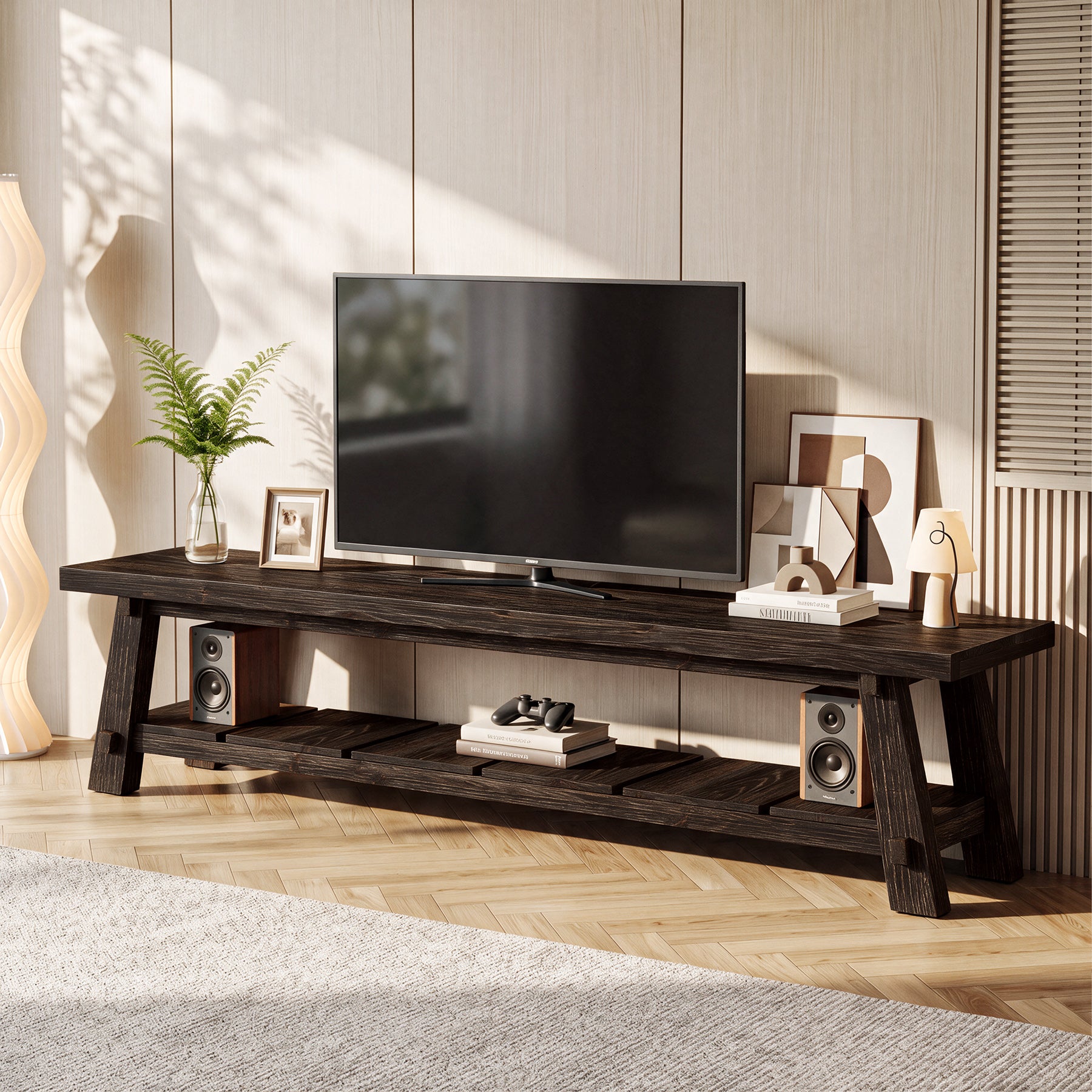 71" Extra Long TV Stand, Solid Wood Entertainment Center with Open Storage Shelves for TVs up to 85"