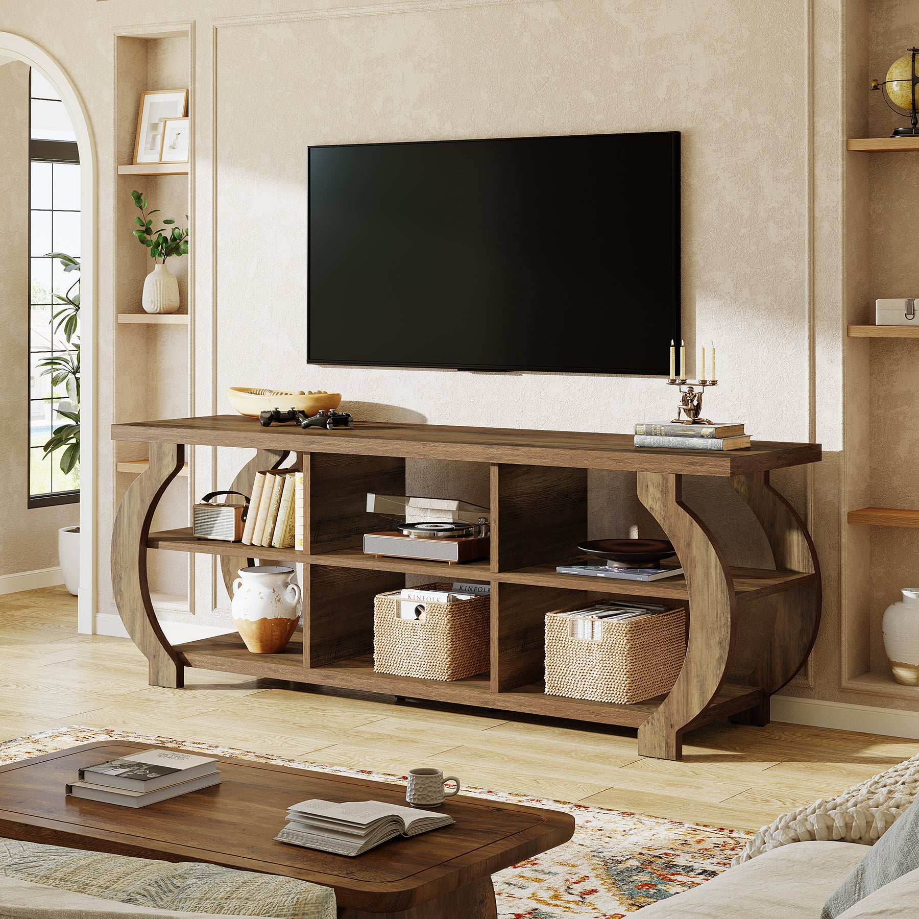 63" Farmhouse TV Stand for 55–75 Inch TVs, Wood Media Console with Open Storage Shelves for Living Room