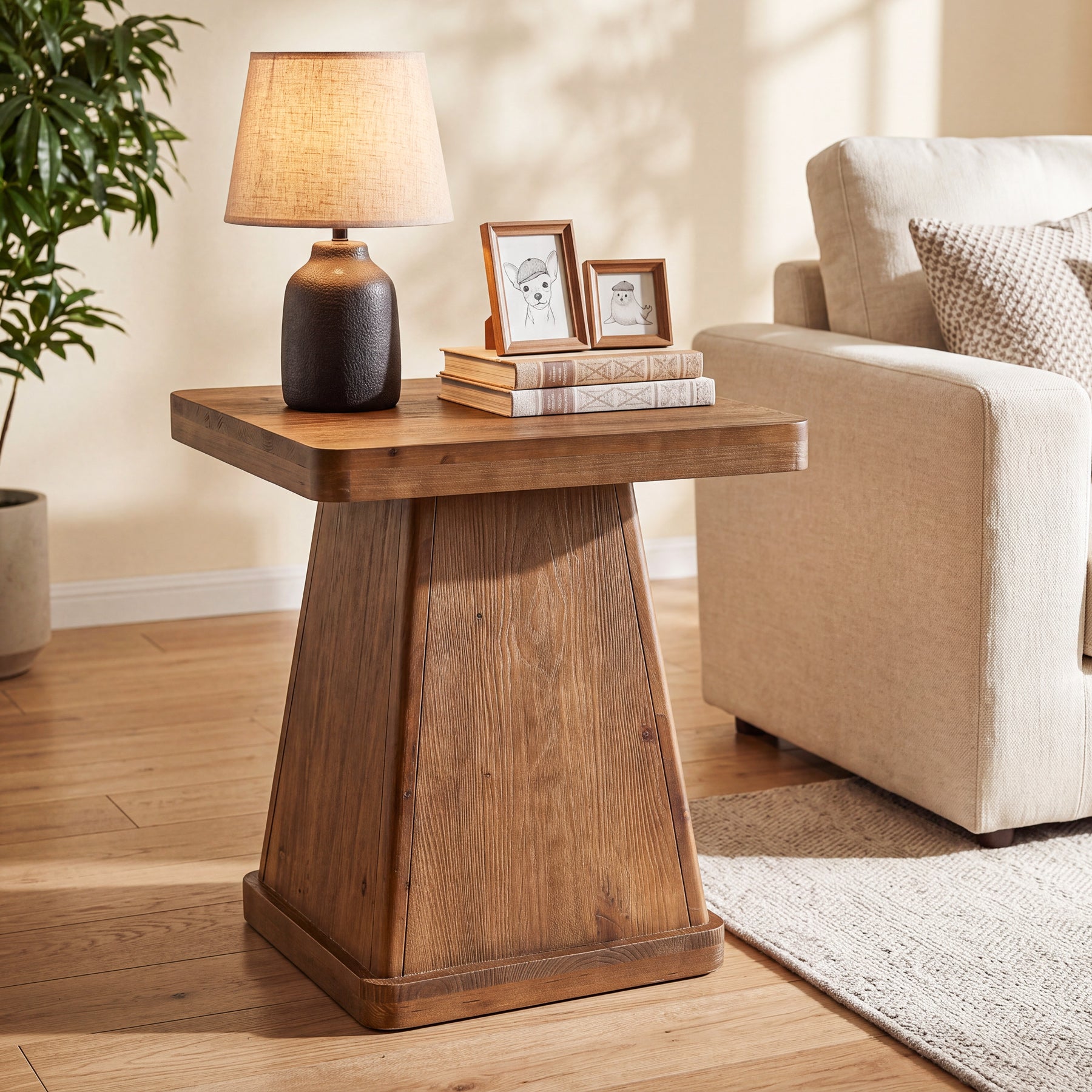 19.69" Square Solid Wood End Table, Accent Side Table with Pedestal Base for Living Room