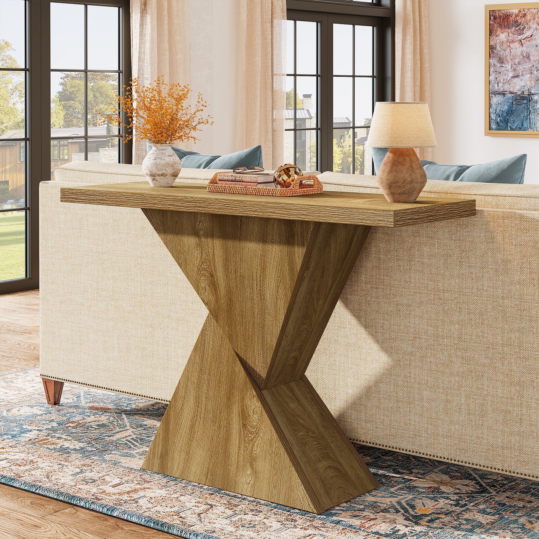 41.5" Narrow Farmhouse Console Table with Geometric Base, Entryway Sofa Table for Hallway, Foyer, or Behind Couch