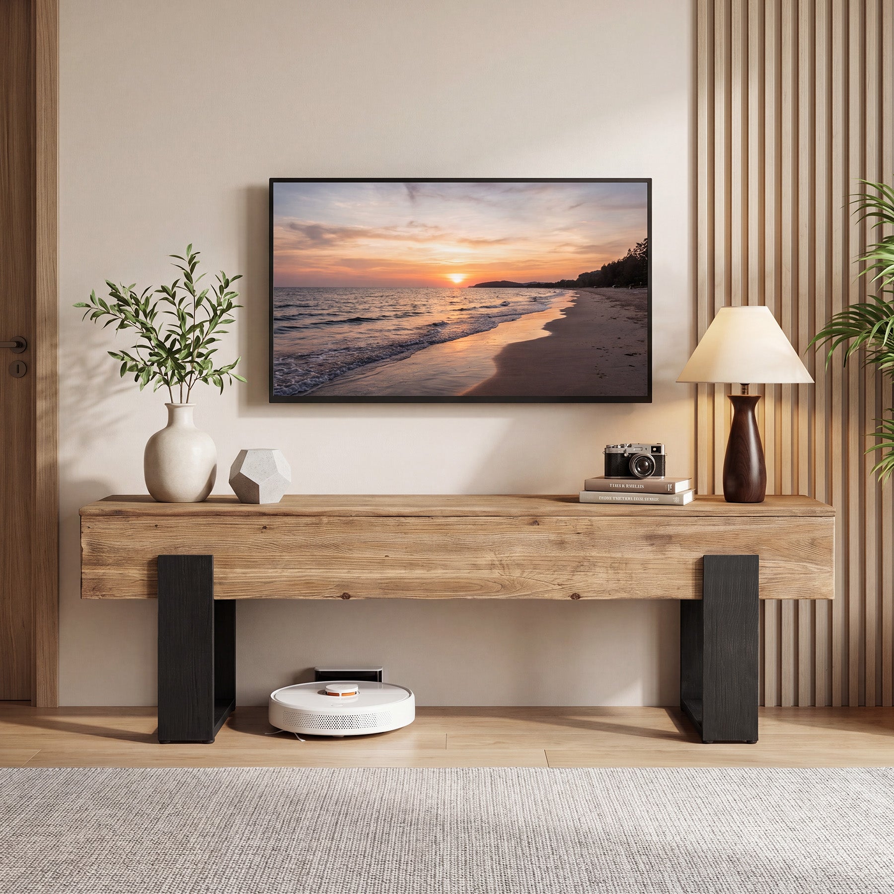 63" Solid Wood TV Stand, Farmhouse Entertainment Center for 55/60/65/75-Inch TVs