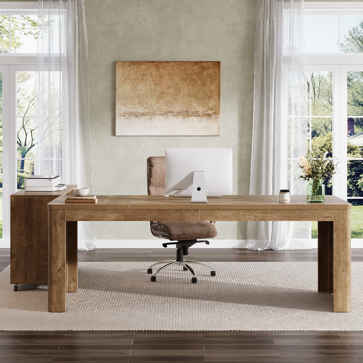 79" L-Shaped Executive Desk with Mobile File Cabinet, Modern Home Office Desk