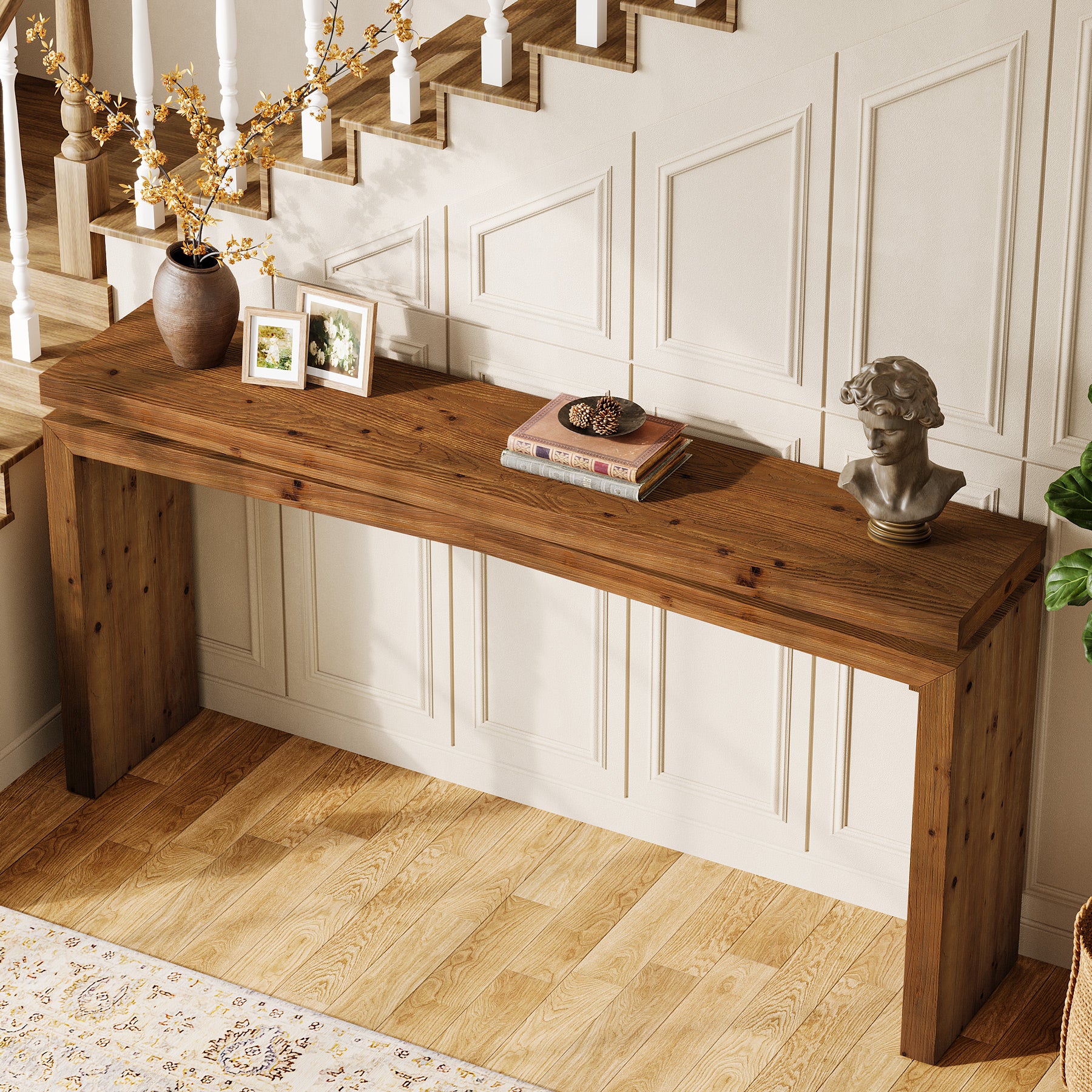 63" Solid Wood Farmhouse Console Table with 2-Tier Shelf, Long Sofa Table for Entryway, Living Room, or Behind Couch