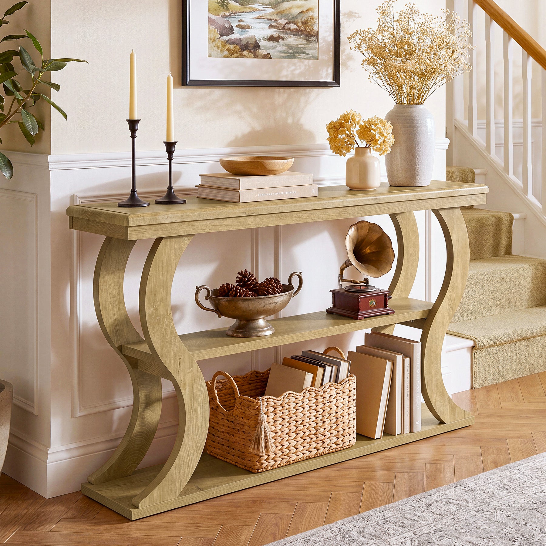55" Console Table, Farmhouse Entryway Table Sofa Tables with 3-Tier Storage