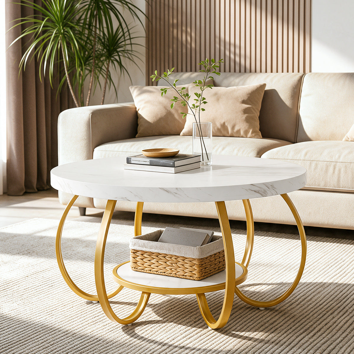31.5" Round Coffee Table, 2-Tier Modern Center Table with Faux Marble Top & Metal Base