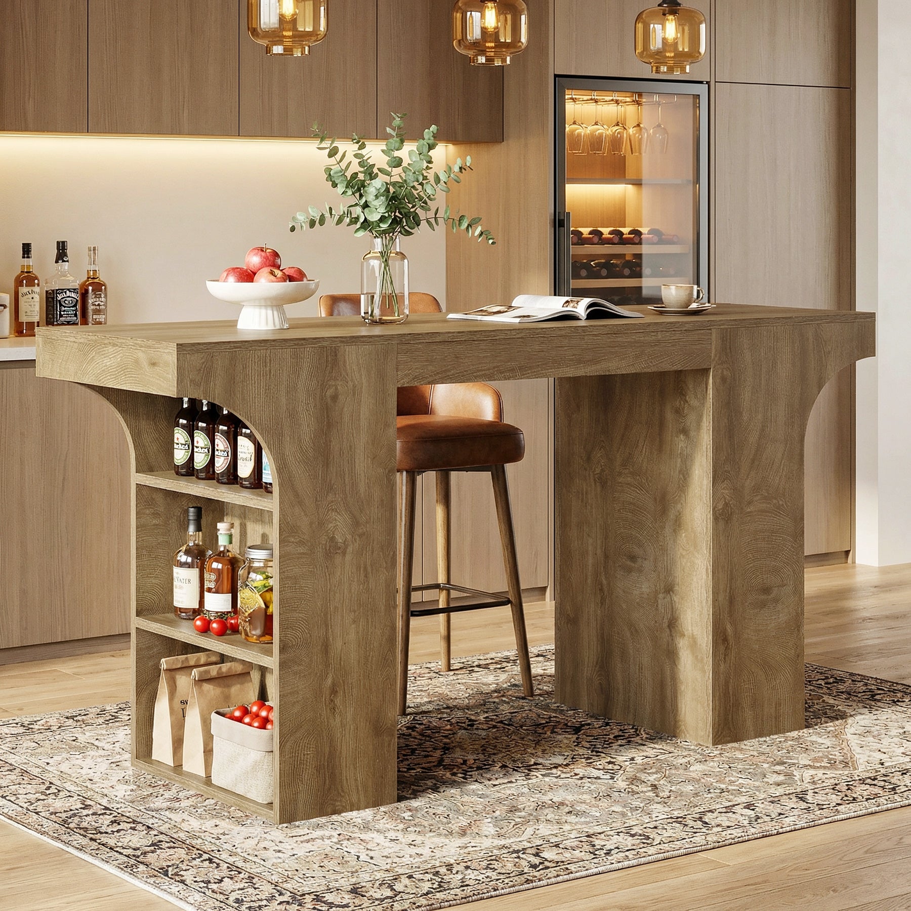 63" Bar Table, Rectangular Counter Height Pub Table with Storage Shelves