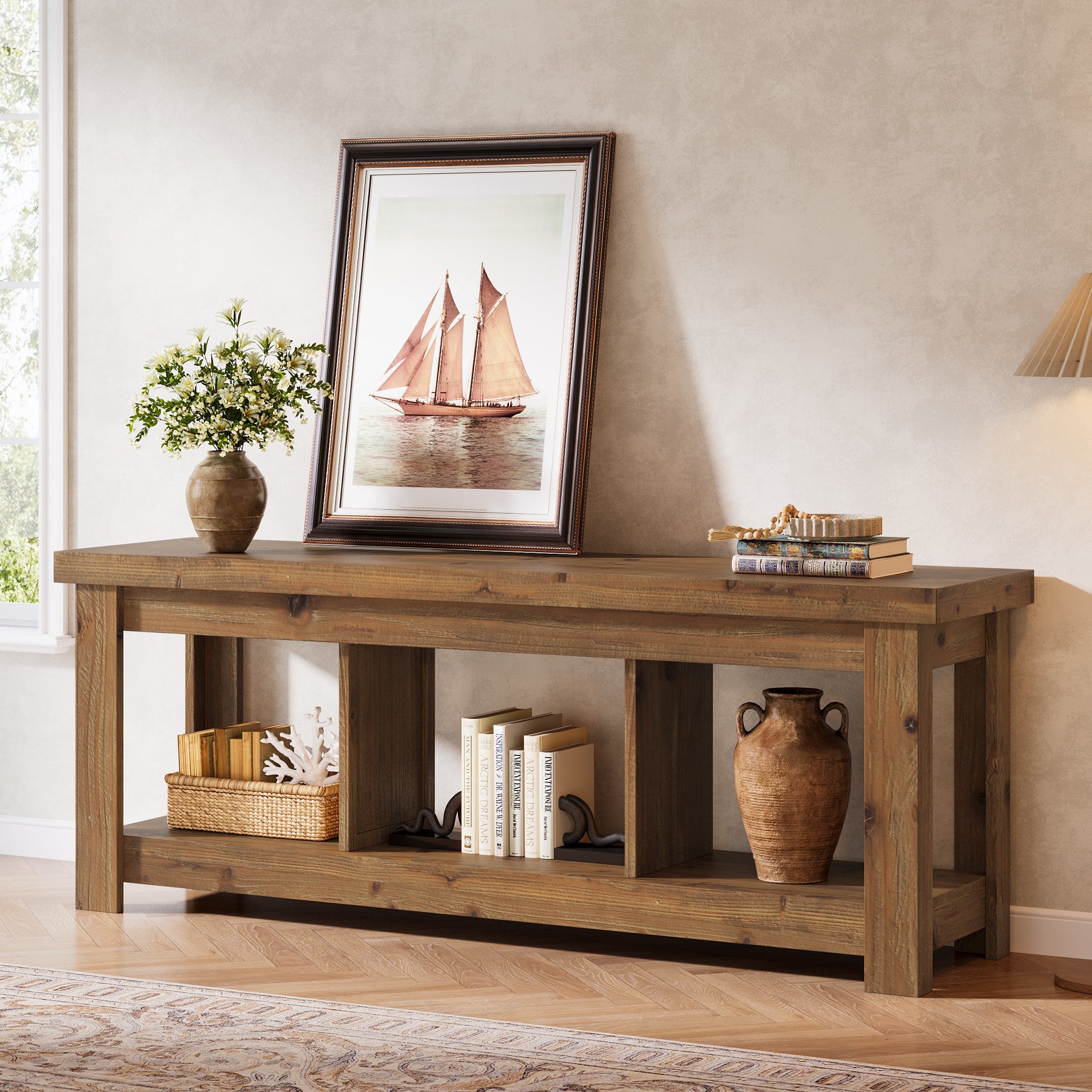 63" Solid Wood TV Stand With 3 Open Shelves for 55/60/65/75-Inch TVs