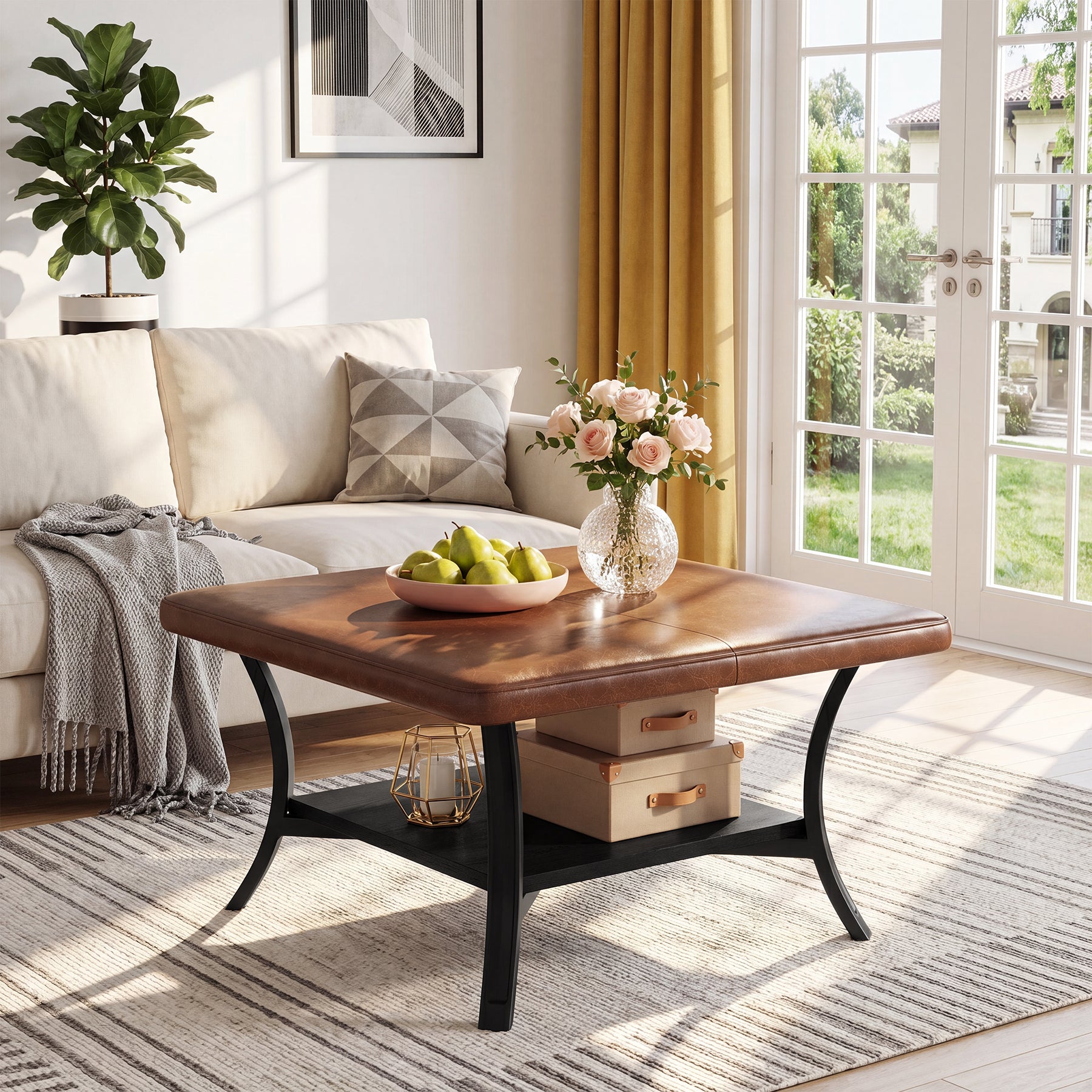 31.5" Square Coffee Table with Upholstered PU Leather Top, Modern Ottoman Coffee Table for Living Room
