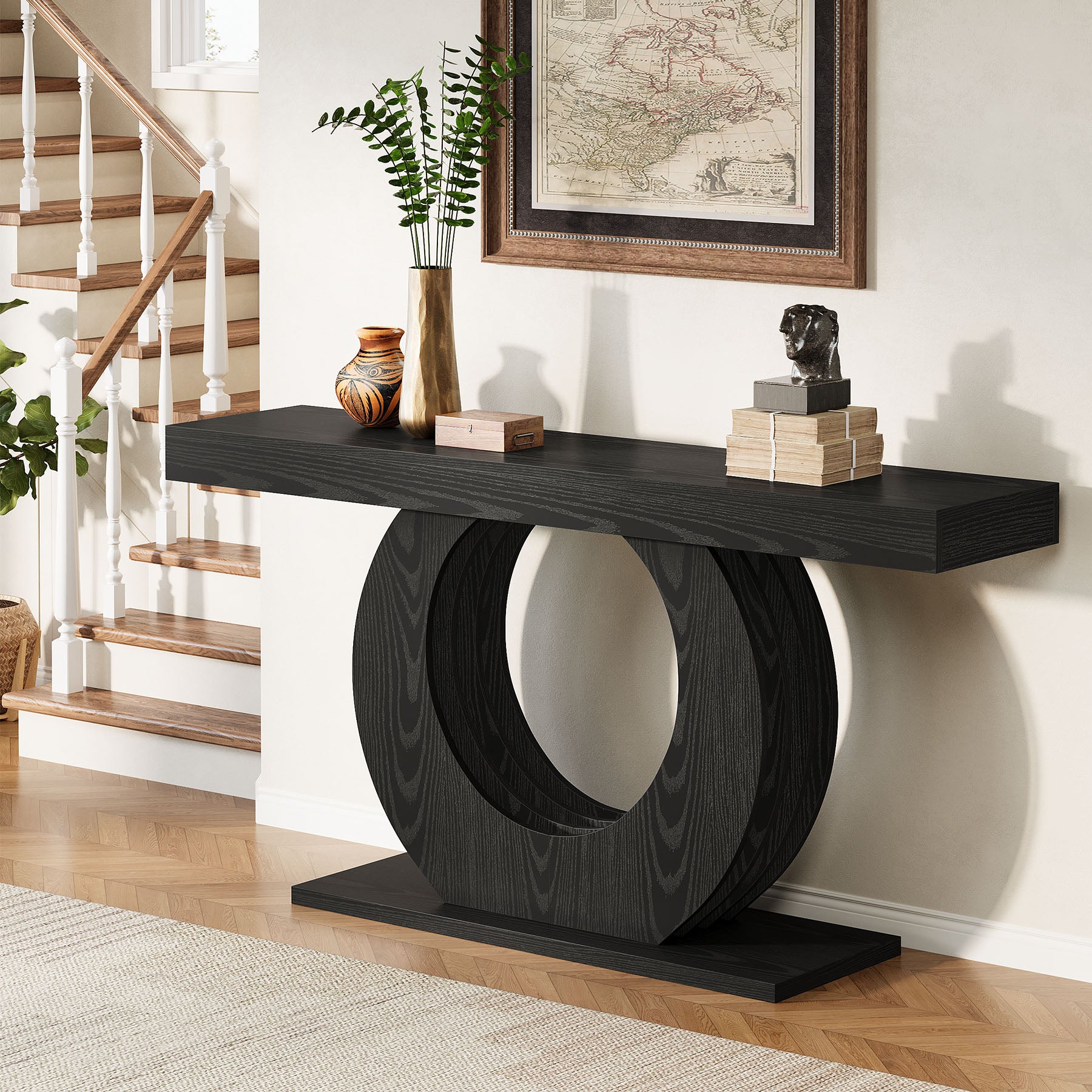 63" Console Table, Rustic Sofa Table Entryway Table with Circle Base
