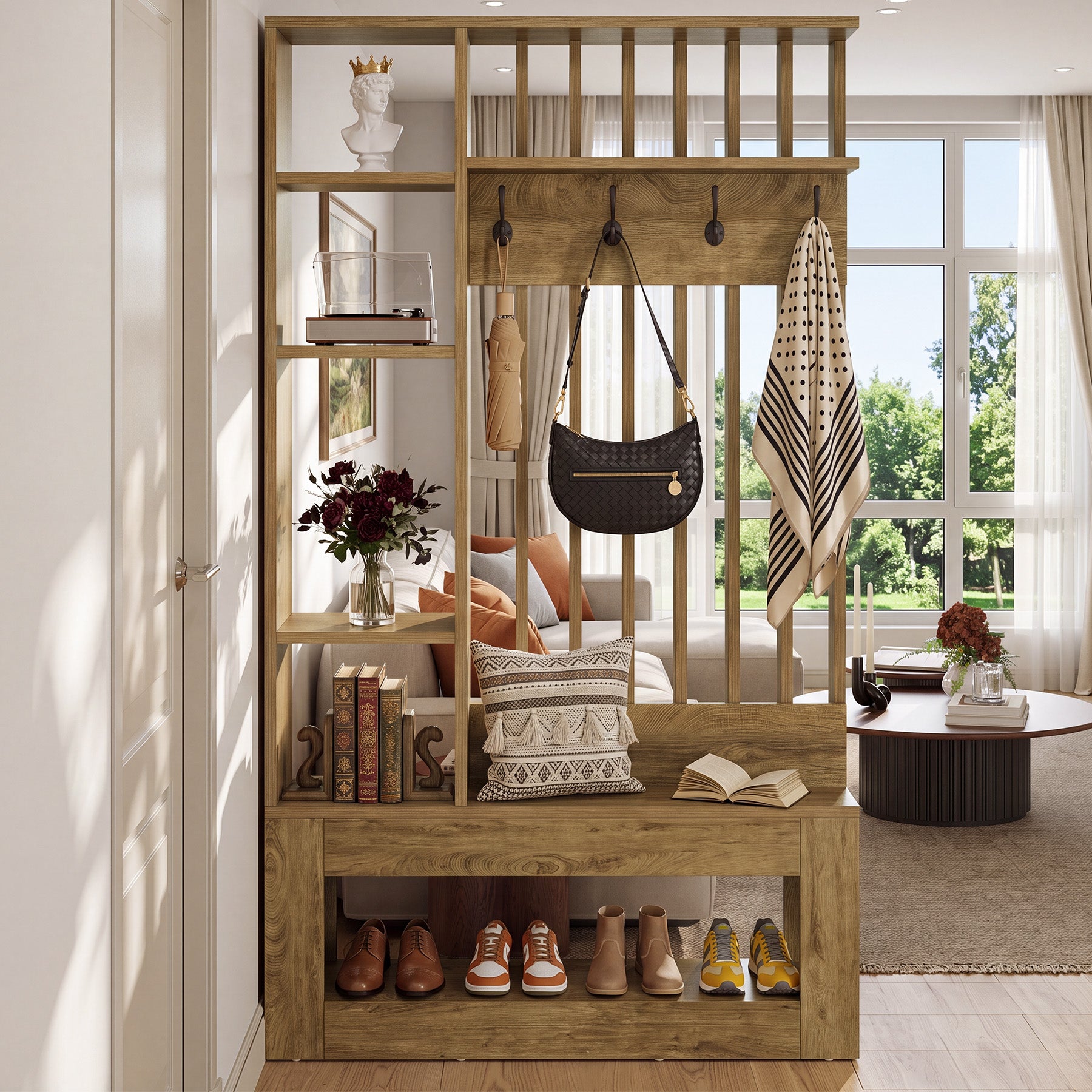 70.8"H Wall Room Divider, Freestanding Room Partition with Shelves and Coat Hooks